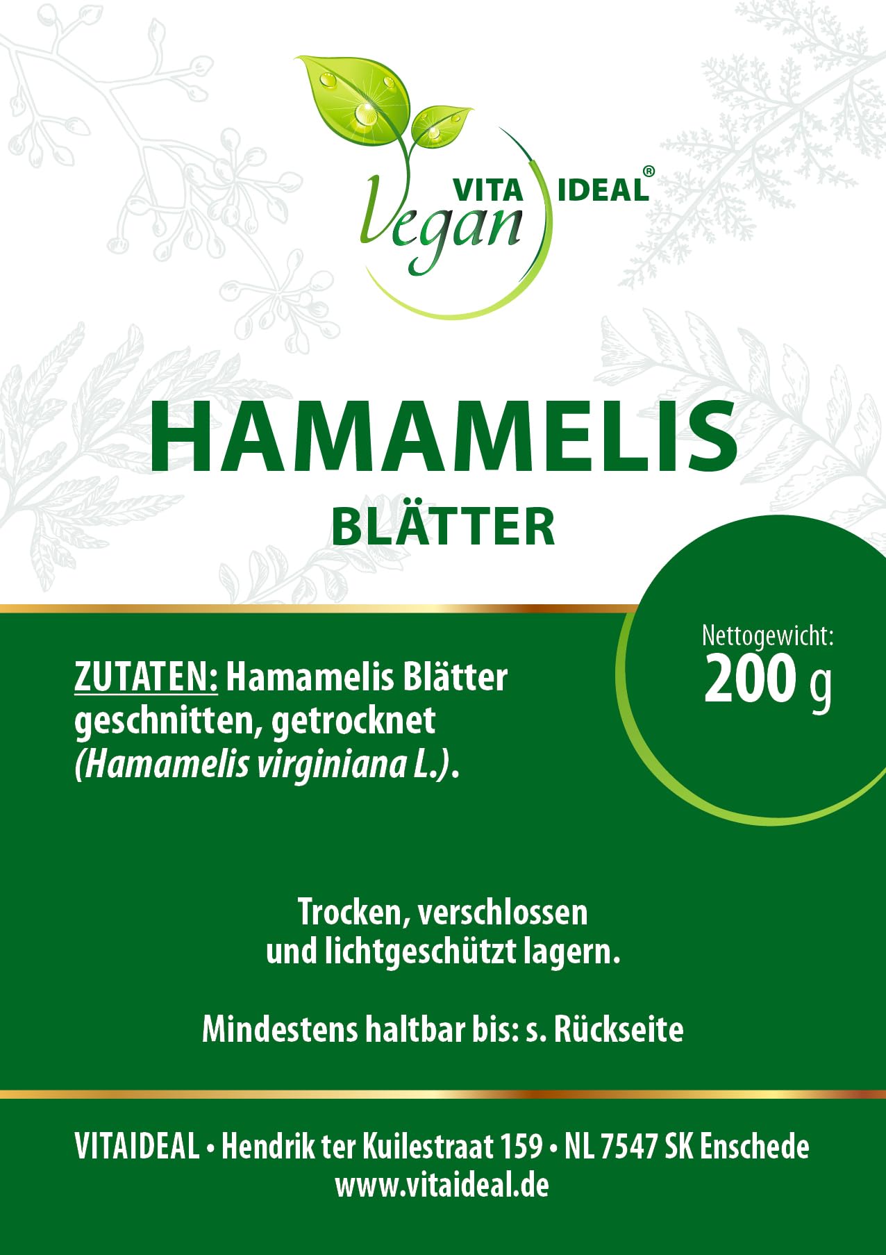 VITA IDEAL Vegan® HAMAMELIS - Blätter 4x 200g geschnitten & getrocknet - Hamamelidaceae - HAMAMELISBLÄTTER - Zaubernuss Kräuter Tee & Aufguss - Natürlich, pflanzlich & ohne Zusatzstoffe.