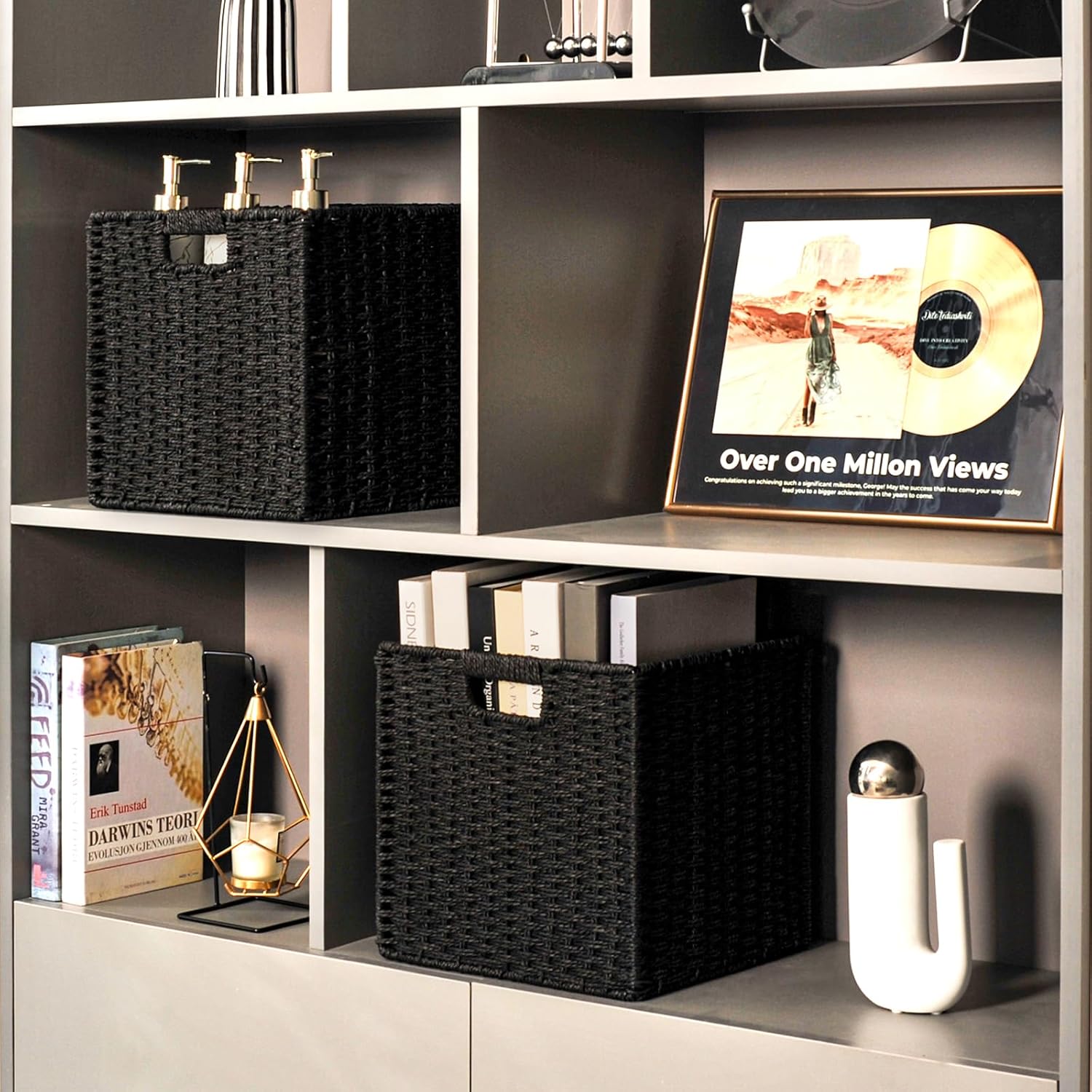 Black Storage Bins, Wicker Storage Baskets for organizing, Paper Rope Woven Basket for Storage, 11 Inch Storage Cubes bin 11x11x11, 11"x10.25"x11", 2 Packs, Black