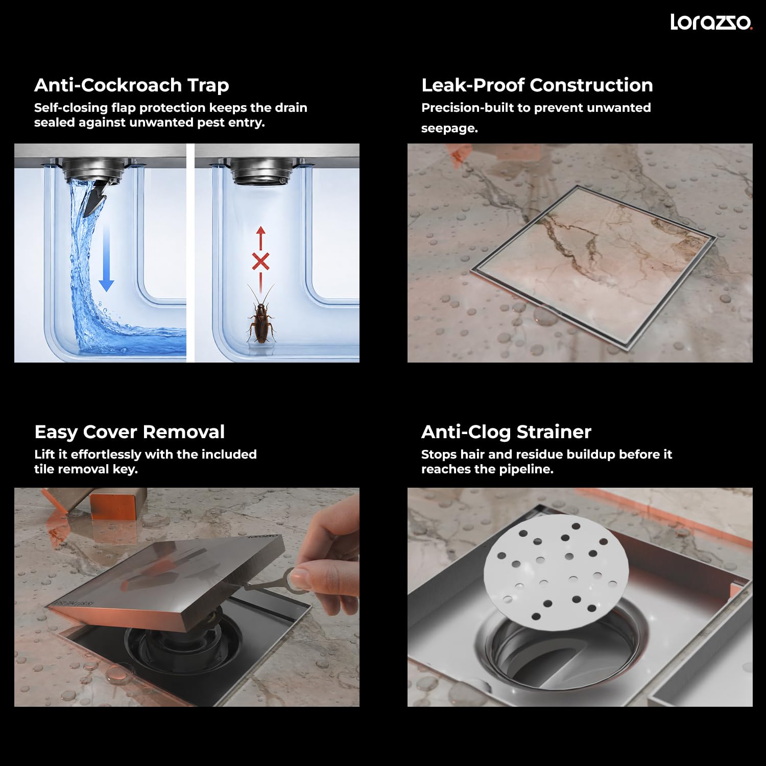 Lorazzo Linea Tile-Insert Shower Drain Channel 5x5 Inch | Built-in Cockroach Trap | SS304 Stainless Steel | Silver Finish | Bathroom Shower Floor Drain | 10 Year Warranty — Amazon image 5