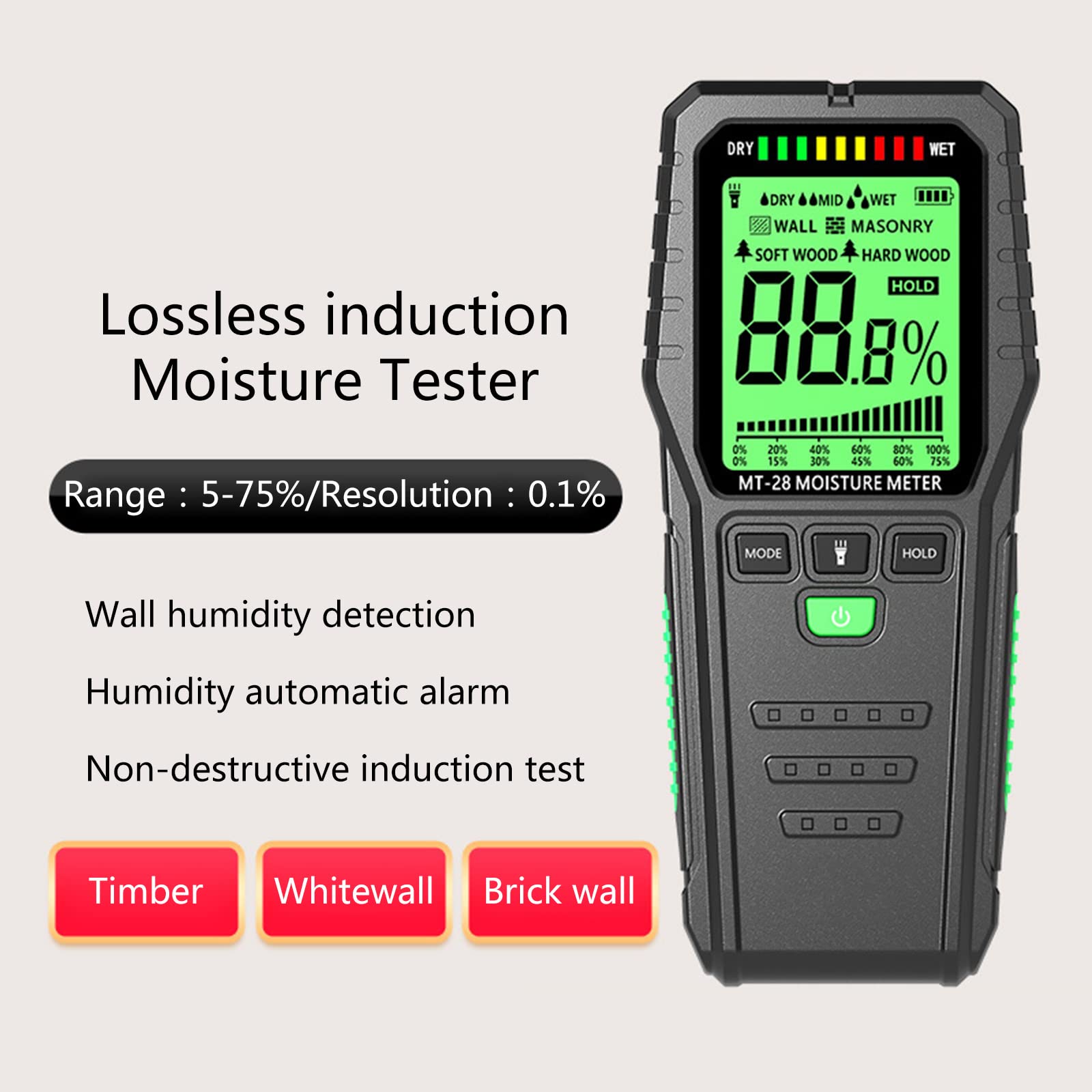 Pinless Moisture Meter For W/ Large LCD Display For Non-Destructive Moisture Detection Data Holder Humidity Tester For W Pinless Moisture Meter For Wood Floor Pinless Moisture Meter For Woodworking
