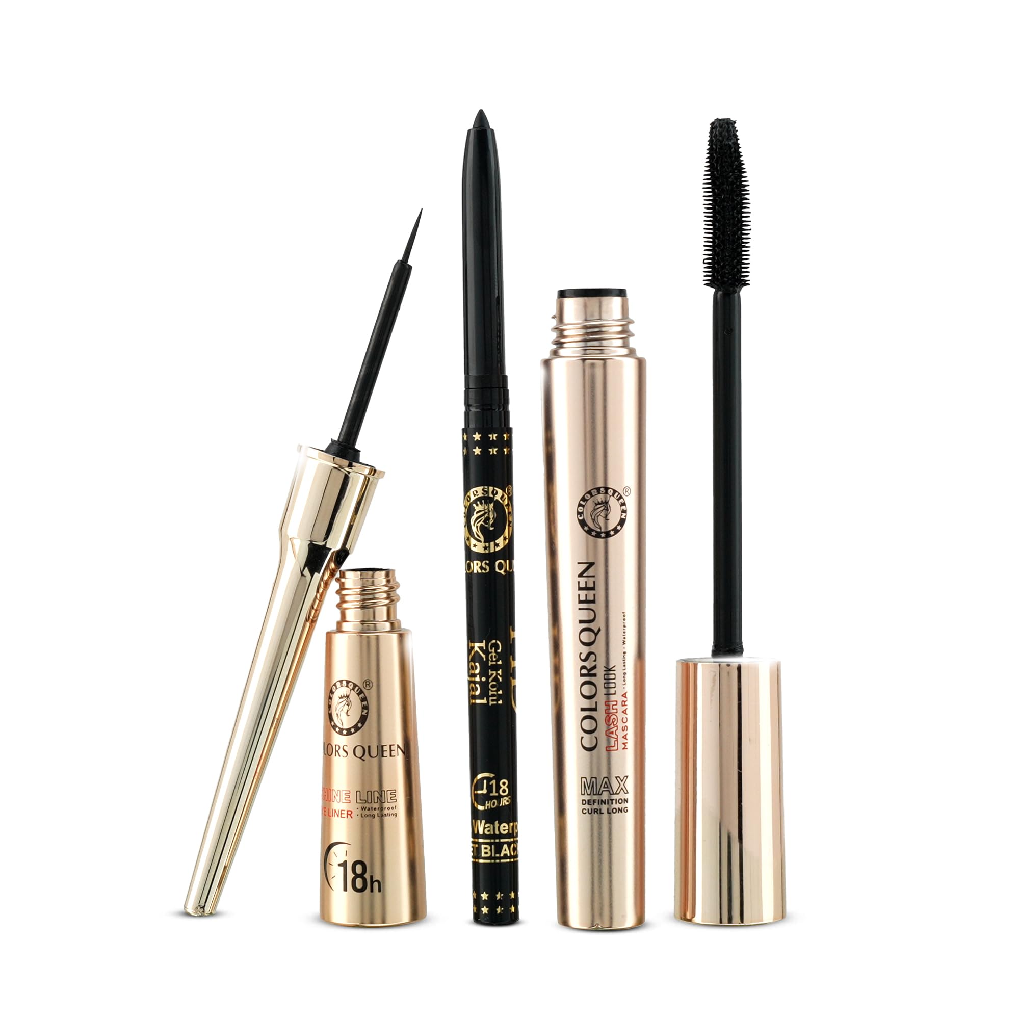 Colors Queen Intense Black Combo with Kajal + Eyeliner + Mascara | 18h Long Lasting, Smudge & Waterproof | Highly Pigmented, Easy to Use Eye Makeup Kit Set | Travel Friendly | Ideal for Gifting (Black)-image-15