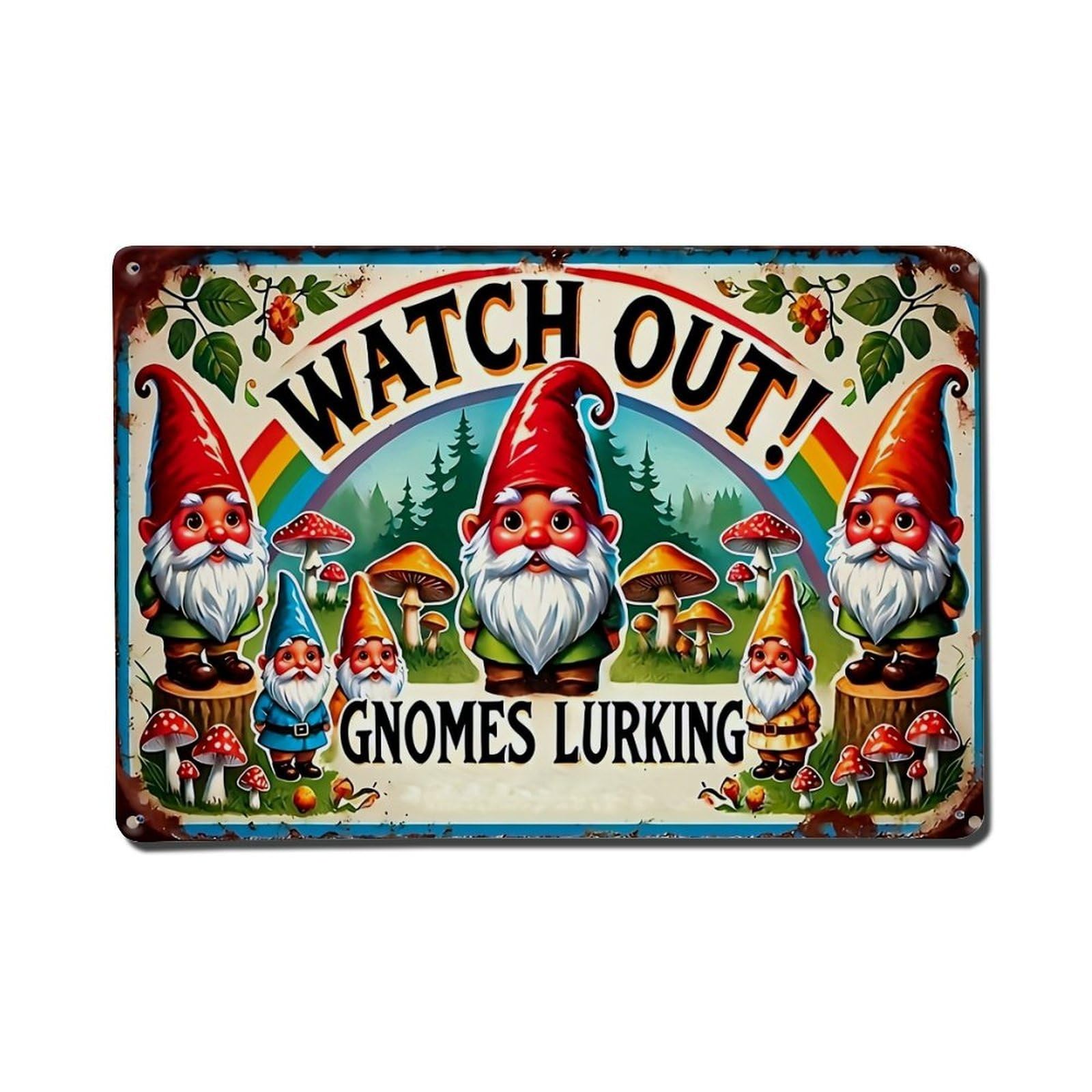 Watch Out Gnomes Lurking Retro Metal Tin Sign, Vintage Metal Poster for Home, Gaming Room, Studio Workshop,Bar,Garage Wall Art Decor 8x12 Inch