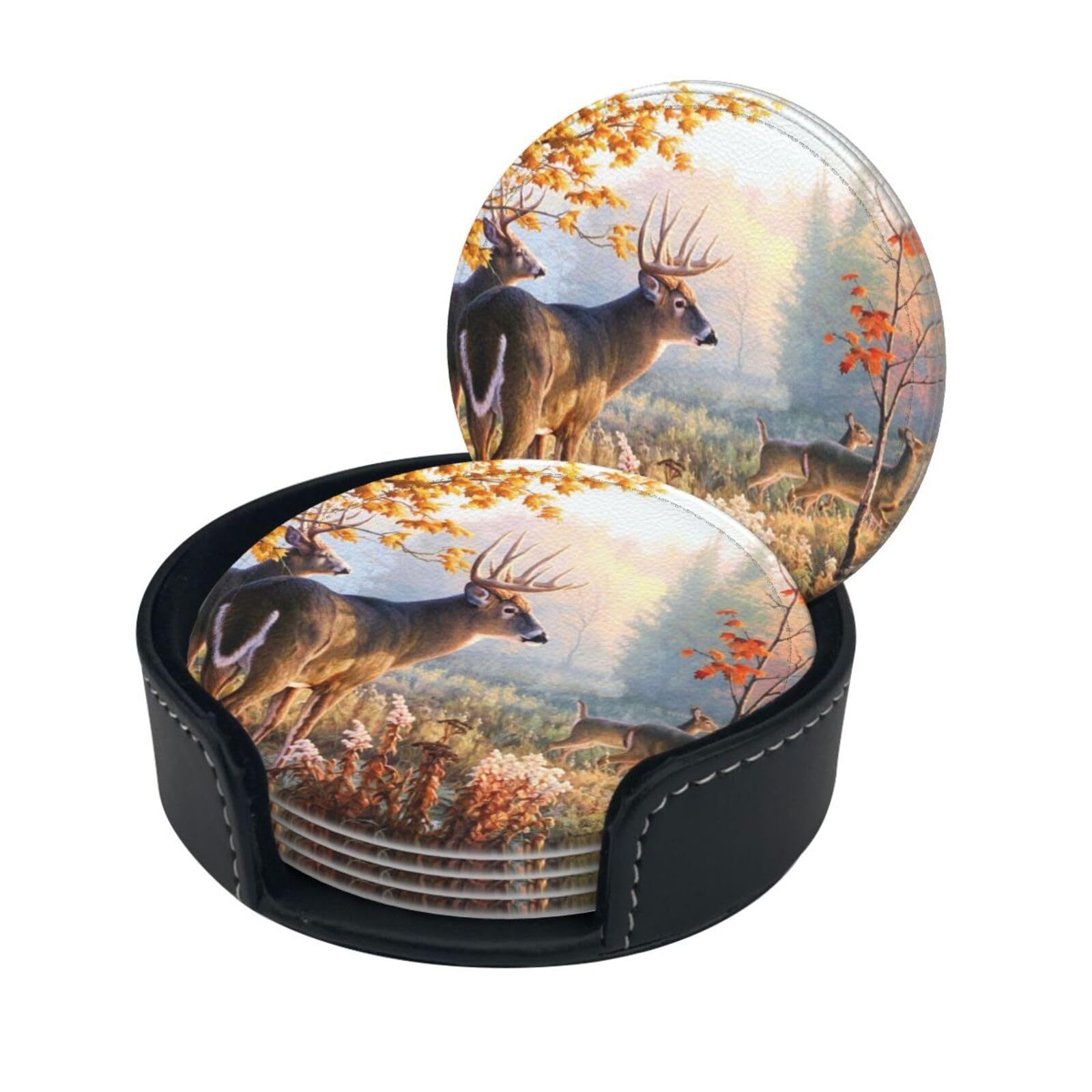 Wquvmds White Deer Wildlife Art Print Coasters For Drinks With Holder Set Of 6, Pu Leather Coasters Drink Coasters Cup Pad Mats