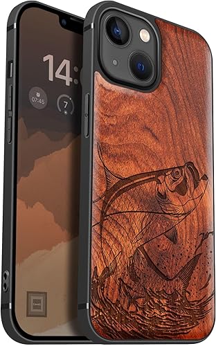 Carveit Funda magnética de madera para iPhone 13 madera natural y TPU suave negro Funda protectora de madera única a prueba de golpes compatible con