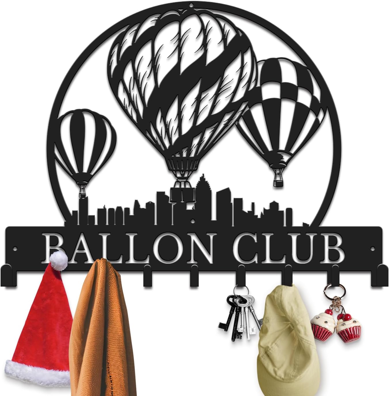 Custom 10-24" Hot Air Balloon Mountain Scene Metal Key Hooks, Key Holder, Home Storage Hooks, Personalized Family Name & Adventure Design, Entryway Organizer for Room, Kitchen and Patio (Style-1)