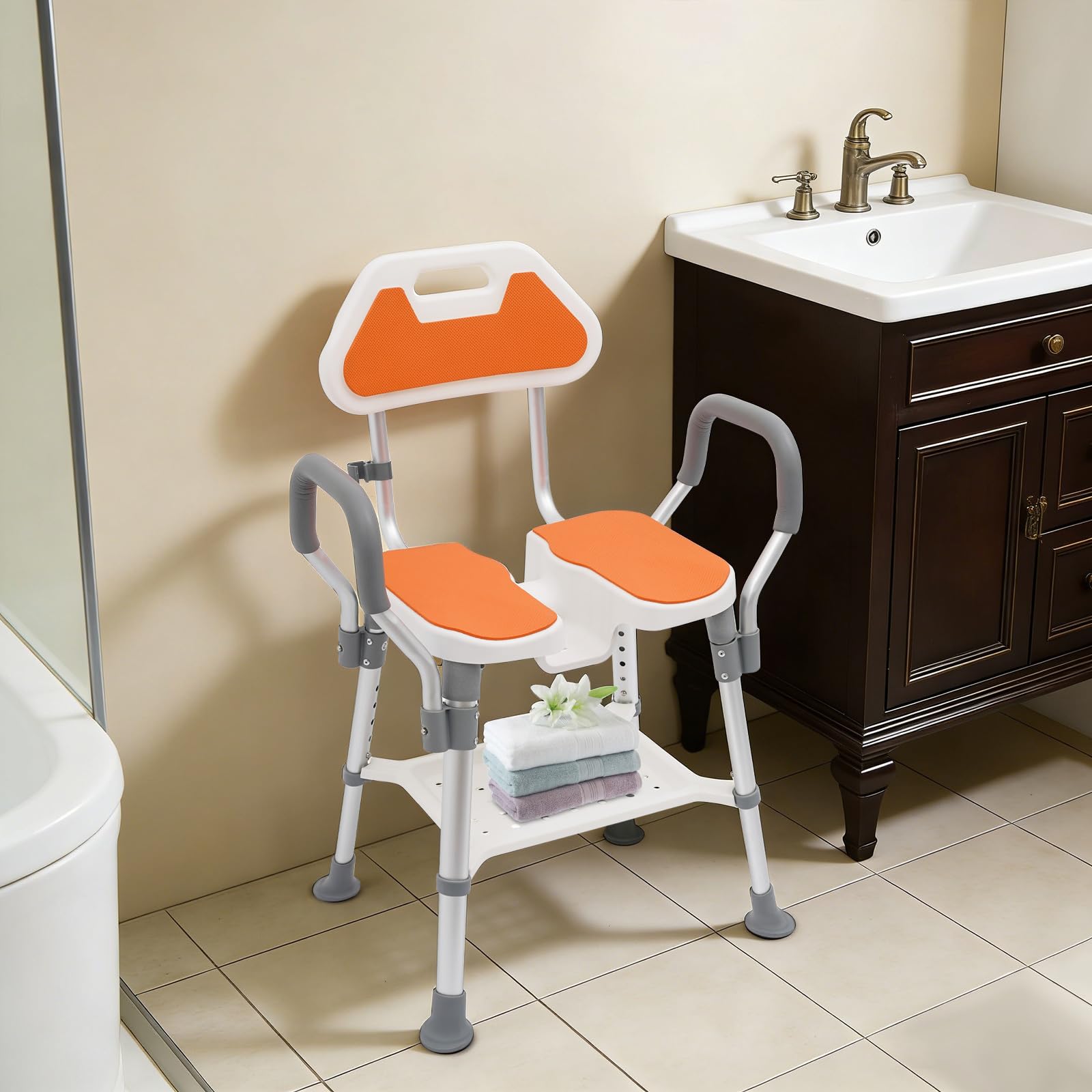 Silla de ducha para personas mayores con respaldo y cuello en U, taburete de ducha regulable en altura con reposabrazos, soporta hasta 150 kg, silla de ducha estable para embarazadas