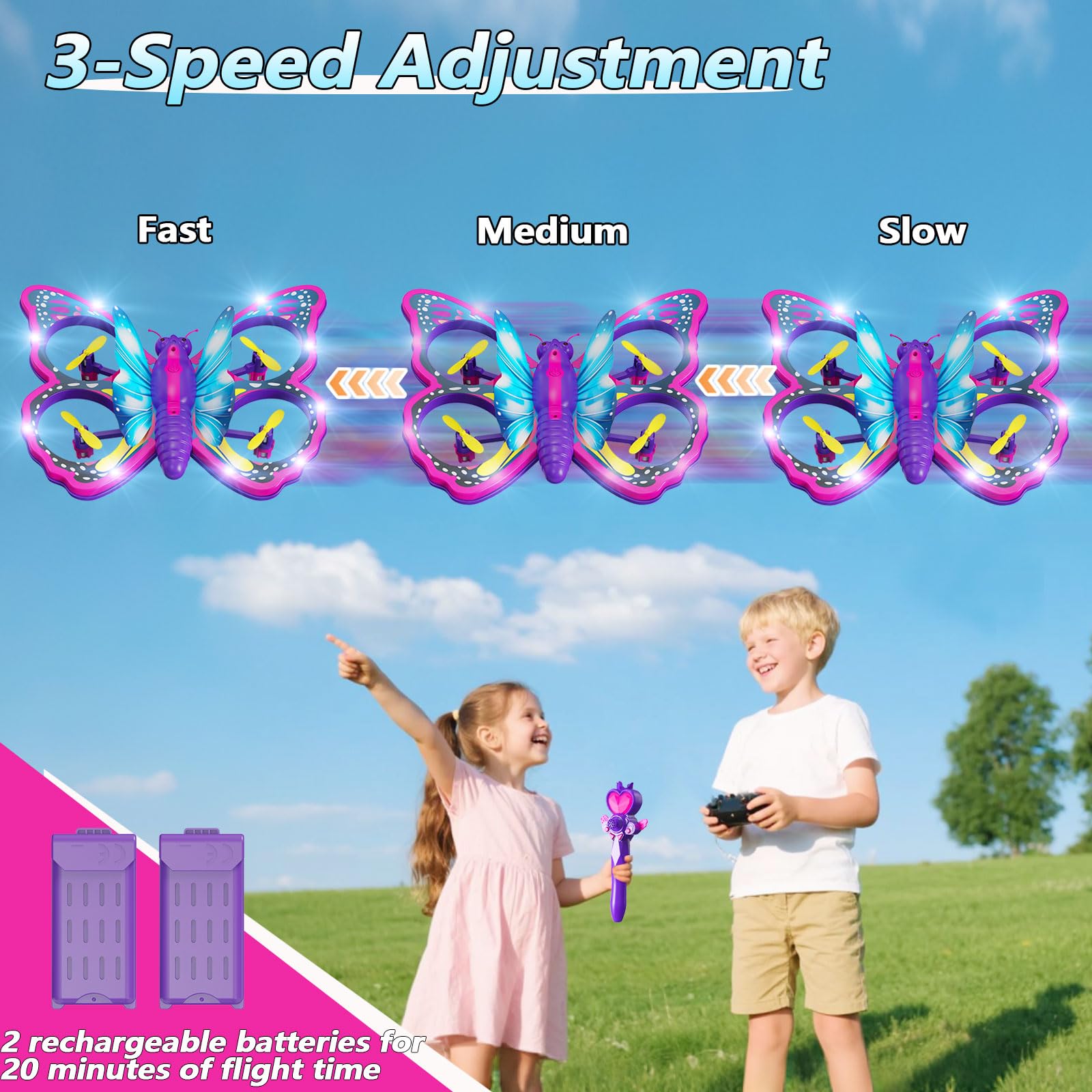 Drone Papillon 4DRC V40 - Télécommandé Pour Enfants - Vol Acrobatique - LEDs, 2 Batteries, Maintien Altitude, Mode Sans Tête - Cadeau Débutant