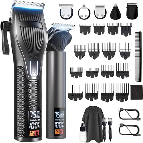 Cortadoras de cabello para hombres, juego profesional de corte y recortadora de cabello inalámbricas con motor potente de 7500 RPM y pantalla LCD,