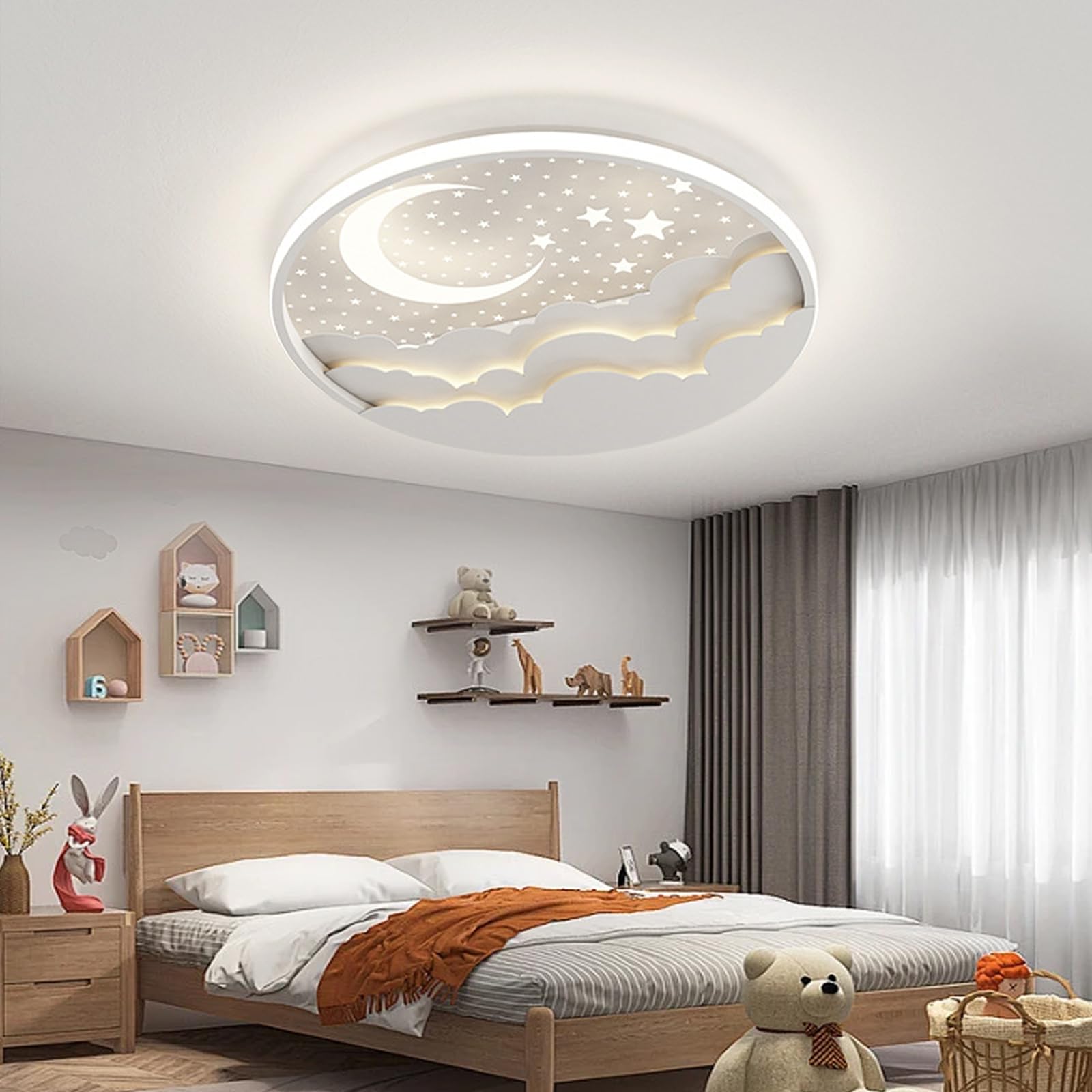 Lampara de Techo Infantil LED, Lámpara de Techo Creative Star and Moon, Lampara Techo Dormitorio 3000K-6000K Regulable con Control Remoto, Luz de techo para Dormitorio de Niños y Niñas, Blanco,40cm