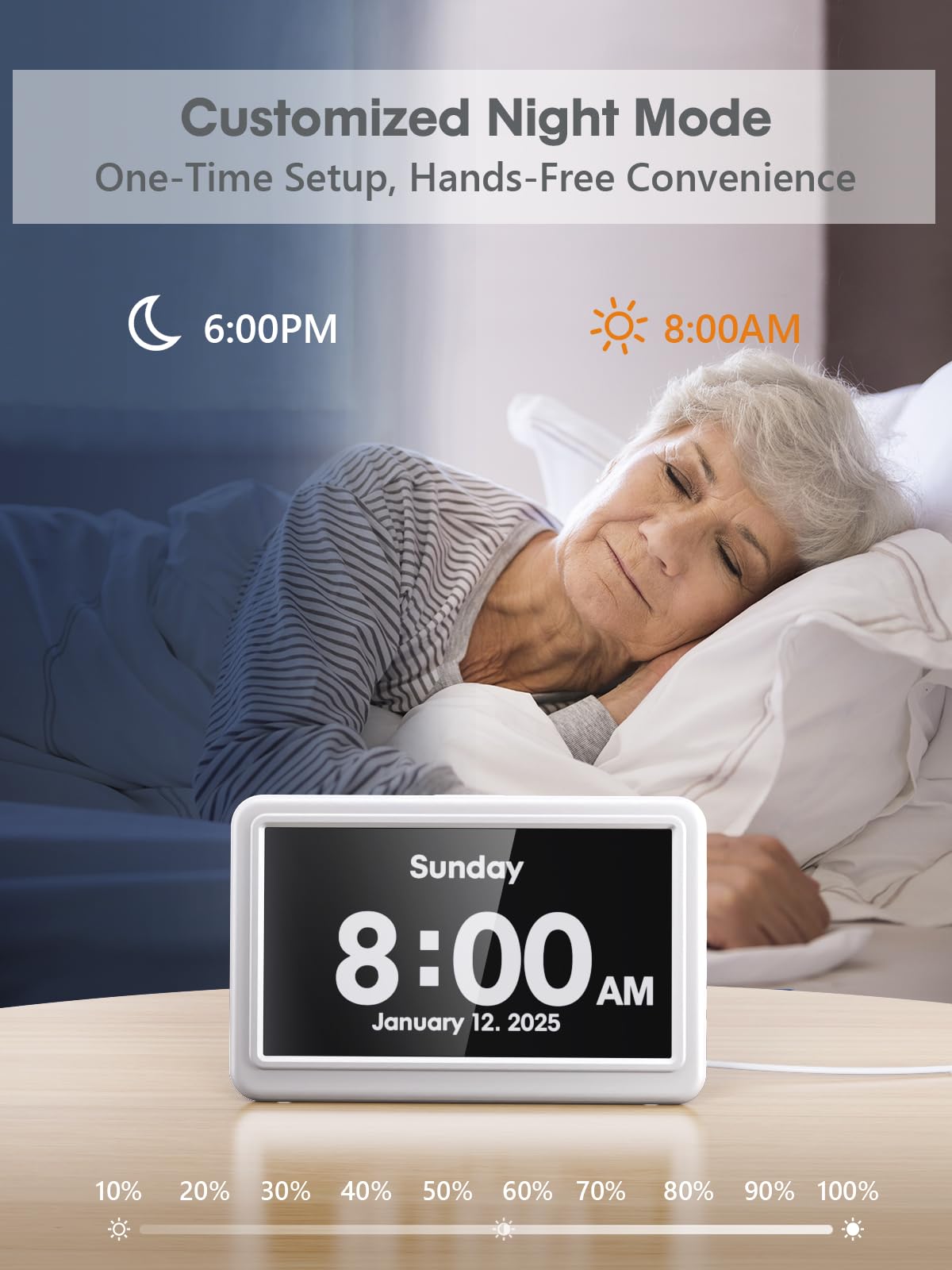 ROCAM Réveil Numérique 7", Calendrier Digital avec Date et Jour, 20 Alarmes & Rappels, Navigation Facile, Auto-DST, Horloge Numérique pour Personnes Âgées & Alzheimer, Grand Écran, 10Niveaux, 6 Langue