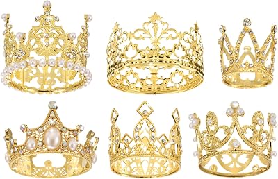 uxcell 6Pcs Mini Crown Cake Toppers, Alloy Queen Little Gold Crown Tiara Cupcake Heart Shaped with Pearl, 6 Style