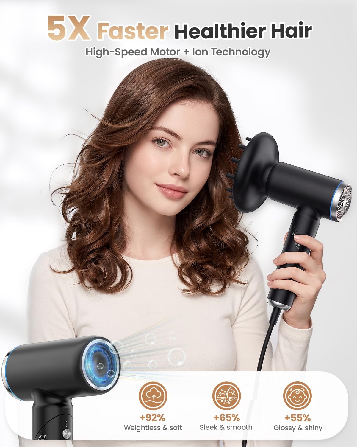WEEYUM Travel Hair Dryer Dual Voltage 1300W Foldable Compact with Diffuser, Professional Ionic Blow Dryer for European Travel,100-240V,Black