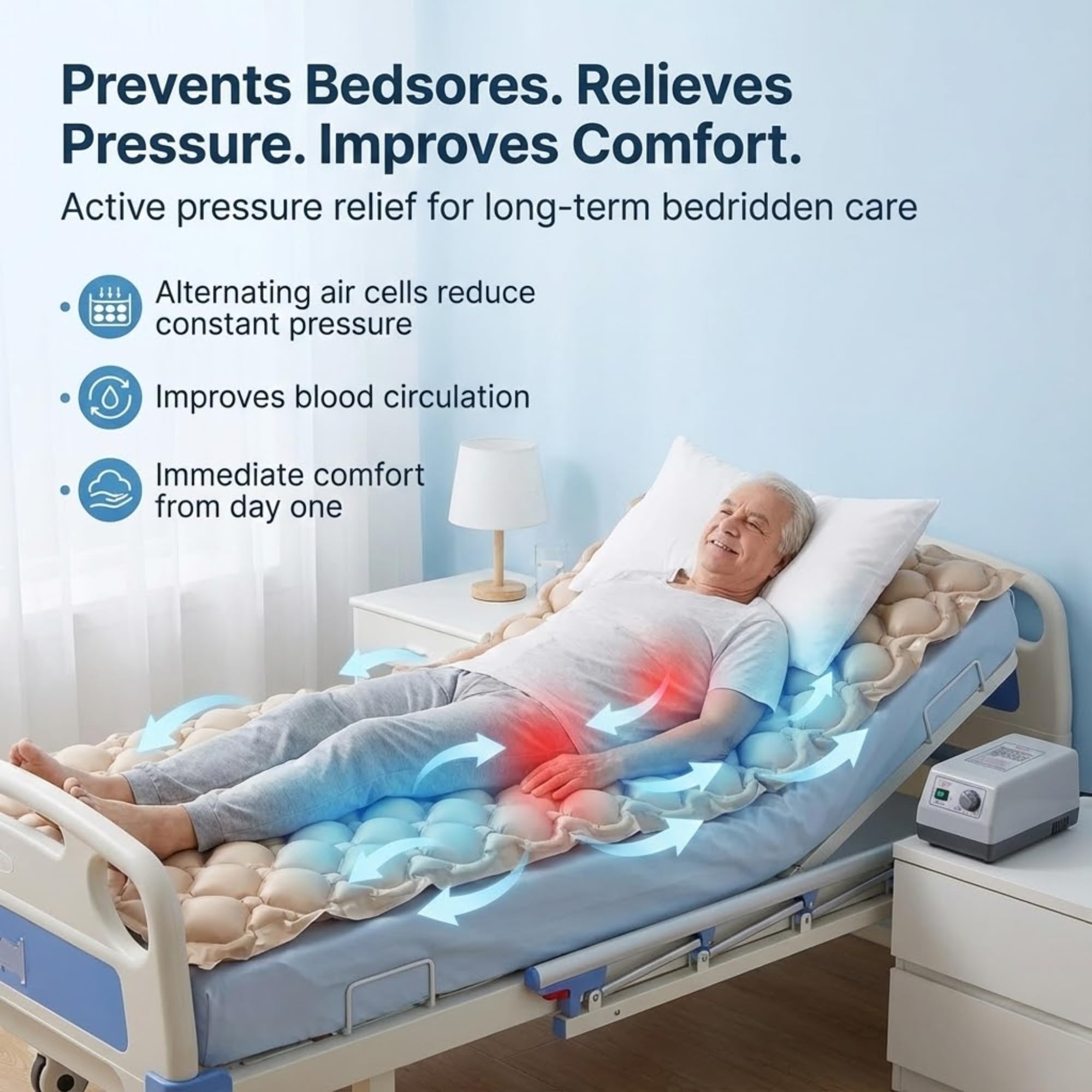 Materasso antidecubito ad aria alternata con compressore silenzioso 200 x 90 x 7 cm – PVC medico ignifugo, 130 celle, prevenzione e trattamento delle piaghe da decubito a letto, ospedale e domicilio |