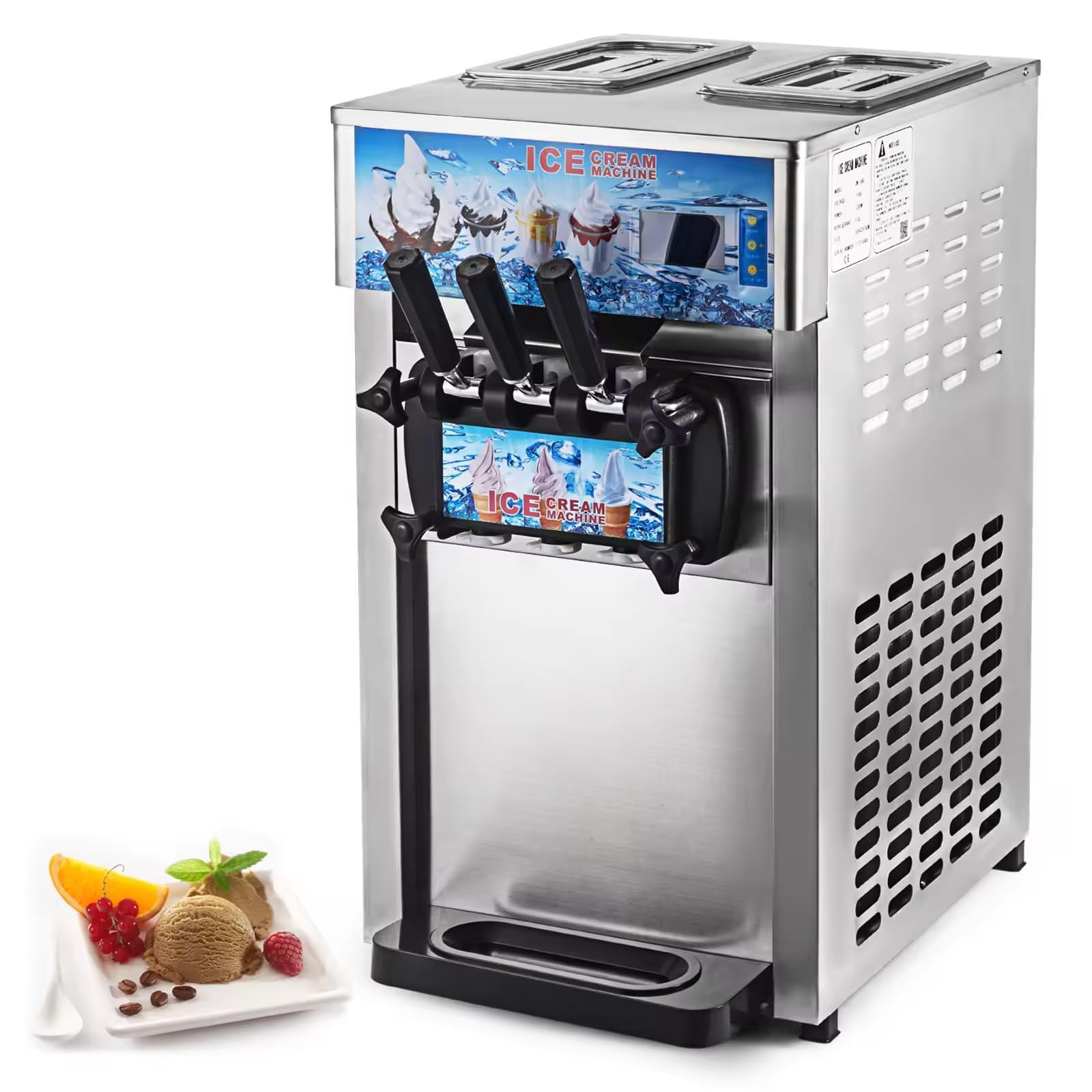 Macchina per gelato professionale: due tramoggia da 3 litri, 3 sapori e 3 beccucci, capacità di 18 litri/5 galloni, congelamento rapido in 60 minuti, ideale per caffè, buffet, hotel, bar e caffetterie