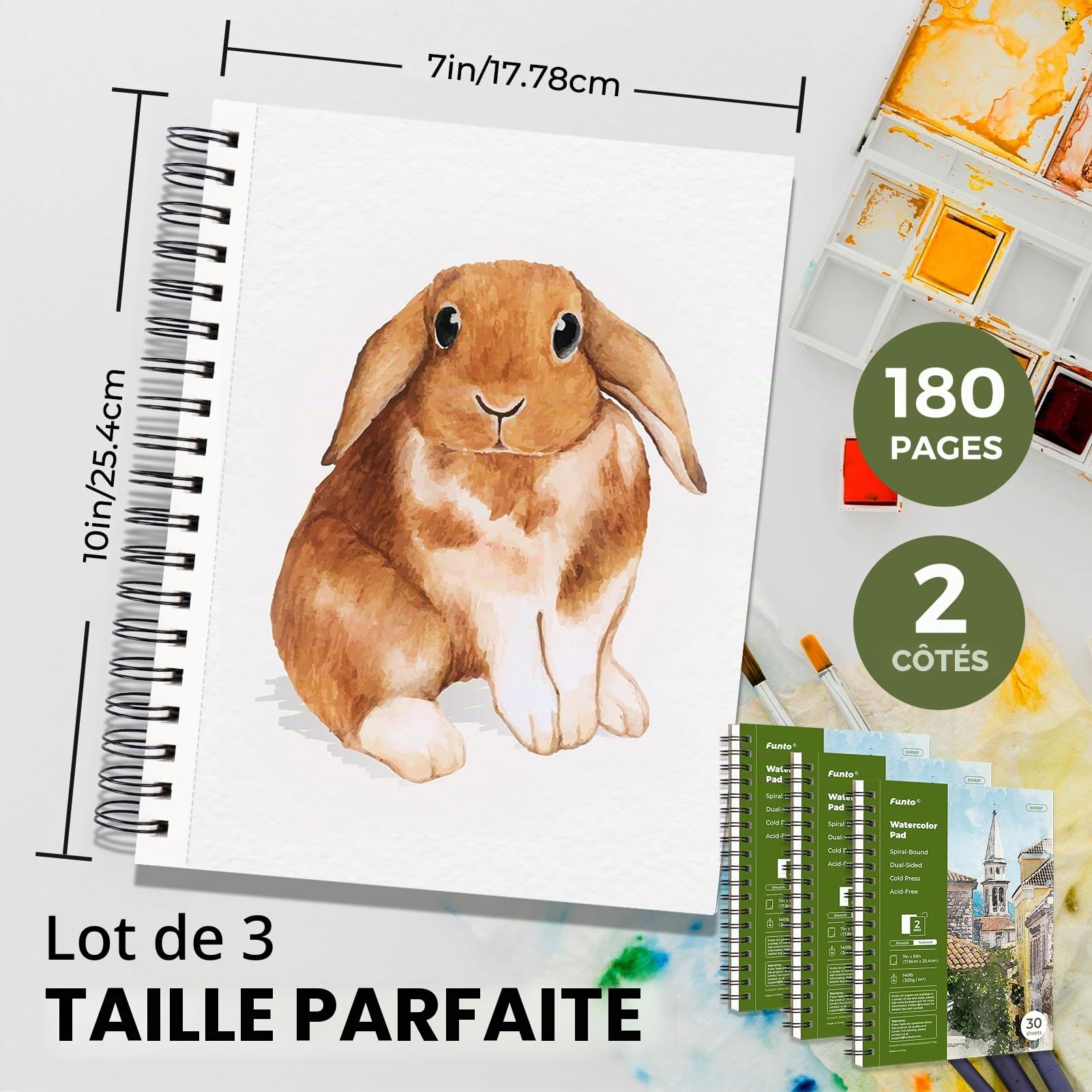 Funto Bloc De Papier Aquarelle 10x7"(25,4x17,78cm), Lot de 3, 90 feuilles, 140 lb/300 g/m², papier pressé à froid recto verso, reliure spirale, papier épais pour peinture à l'aquarelle