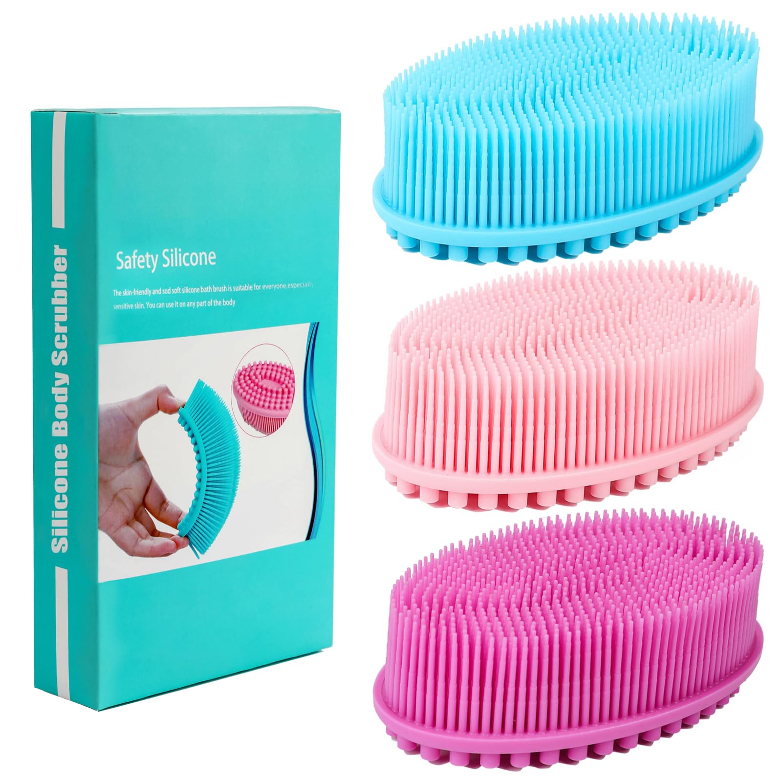 Silicone Loofah Exfoliating Body Scrubber Set of 3 Soft Bath Sponge Shower Brush Silicone Body Scrubber Loofah for Sensitive Kids Women Men All Kinds of Skin (Blue&Rose&Pink)