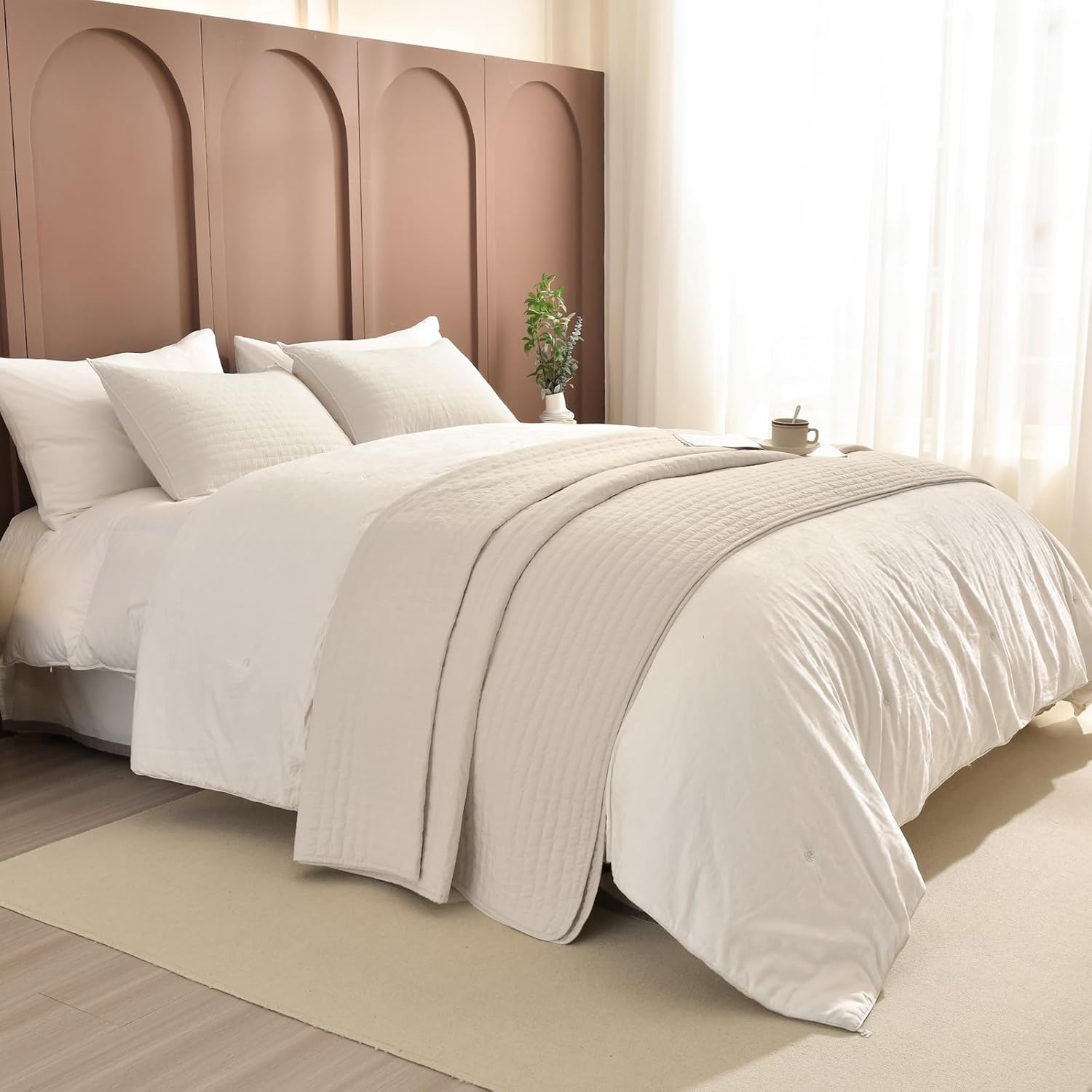 Sanracie Oversized Cal King Bedspread 128"*120" for Extra Bed, 3pcs 100% Cotton Quilt Wheat Colored Ultra Large Wide Oversized King Plus Coverlet Thin Comforter Ultra Soft and Cozy - Image 2