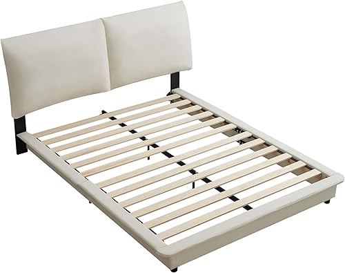Miniatura 144 de Base de cama flotante tamaño Queen con luces LED y carga USB, marco de cama LED de plataforma tapizada moderna, no necesita somier (blanco-1)