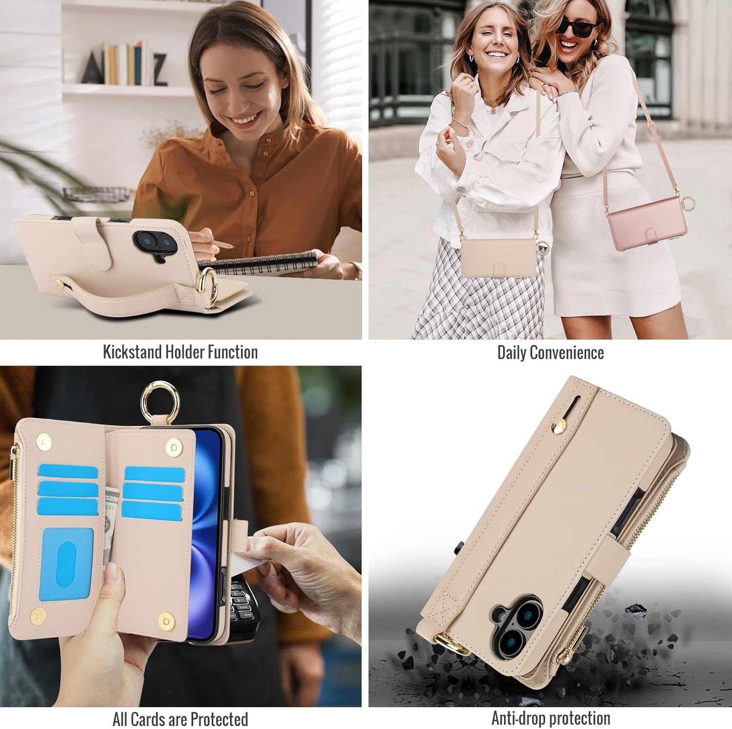 Asuwish Phone Case for iPhone 16 Zipper Wallet with Tempered Glass Screen Protector Crossbody Strap Card Holder RFID Blocking Stand Flip Cell Cover iPhone16 5G i i-Phone i16 16Case Women Girls Apricot