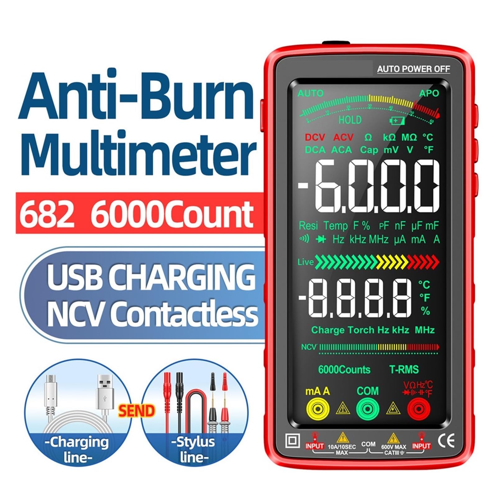 Multimetro Professionale Digitale Ricaricabile Tester Di Tensione NCV Misuratore Di Tensione AC/DC Tester Di Corrente Touch Screen(682 Red)
