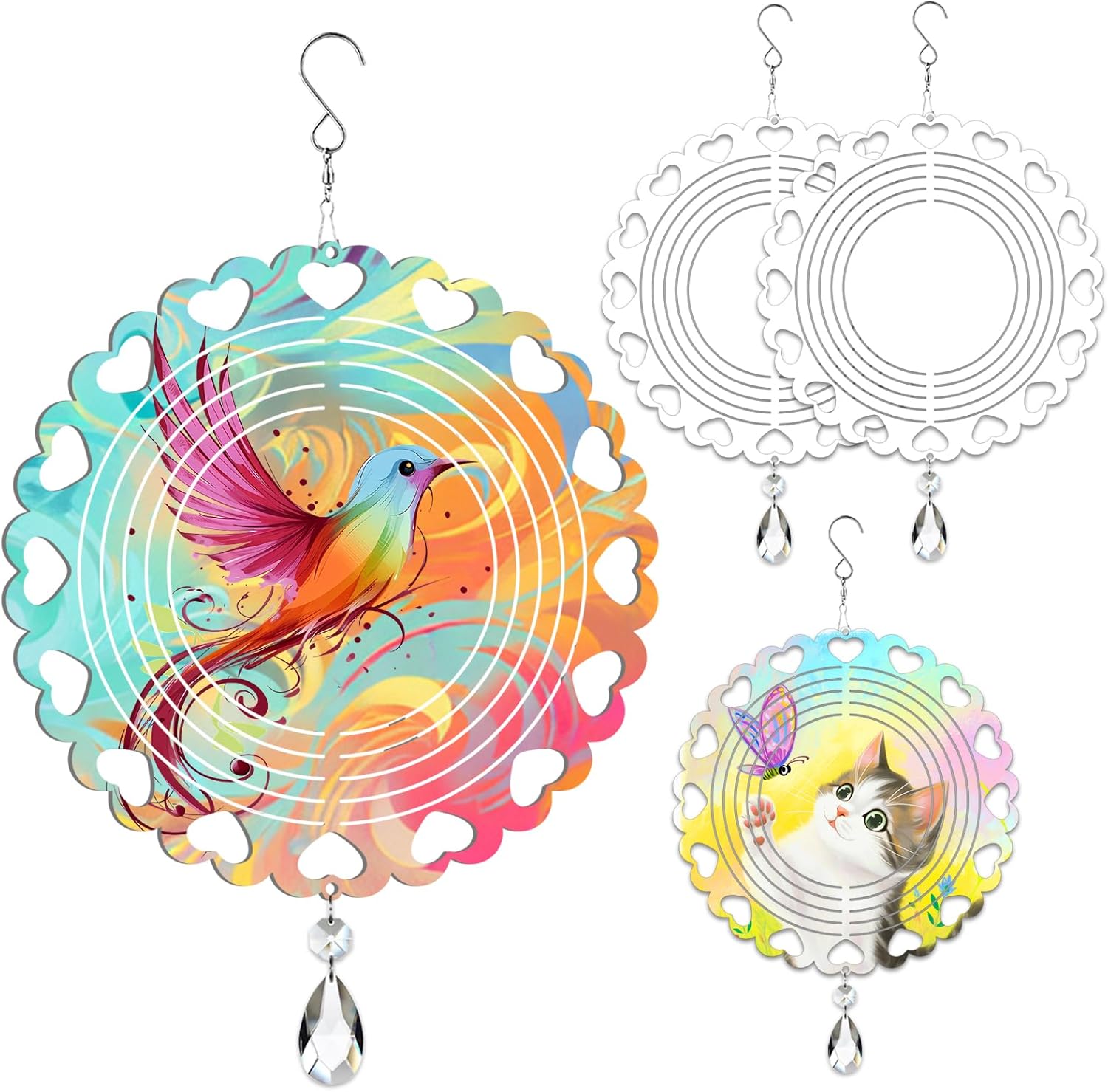 4Pack 10inch Sublimation Wind Spinner Blanks 3D Aluminum Metal Wind Sculpture Kinetic Spinners for Yard and Garden Indoor Art Ornaments Hanging Decoration (Heart Lace Round)