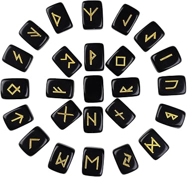 Set of 25 Black Obsidian Rune Stones for Divination Crystal Set