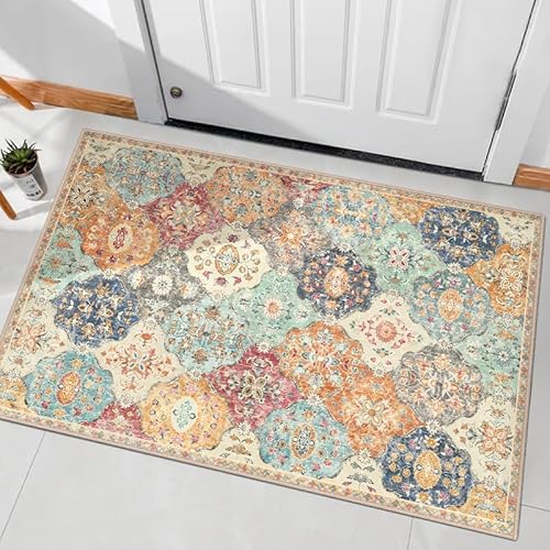 Worxvell 2x3 Entryway Rug, Trellis Area Rug Washable Non-Slip Indoor Door Mat, Small Bathroom Rug Low-Pile for Kitchen Bedroom Entrance(Orange/Red)