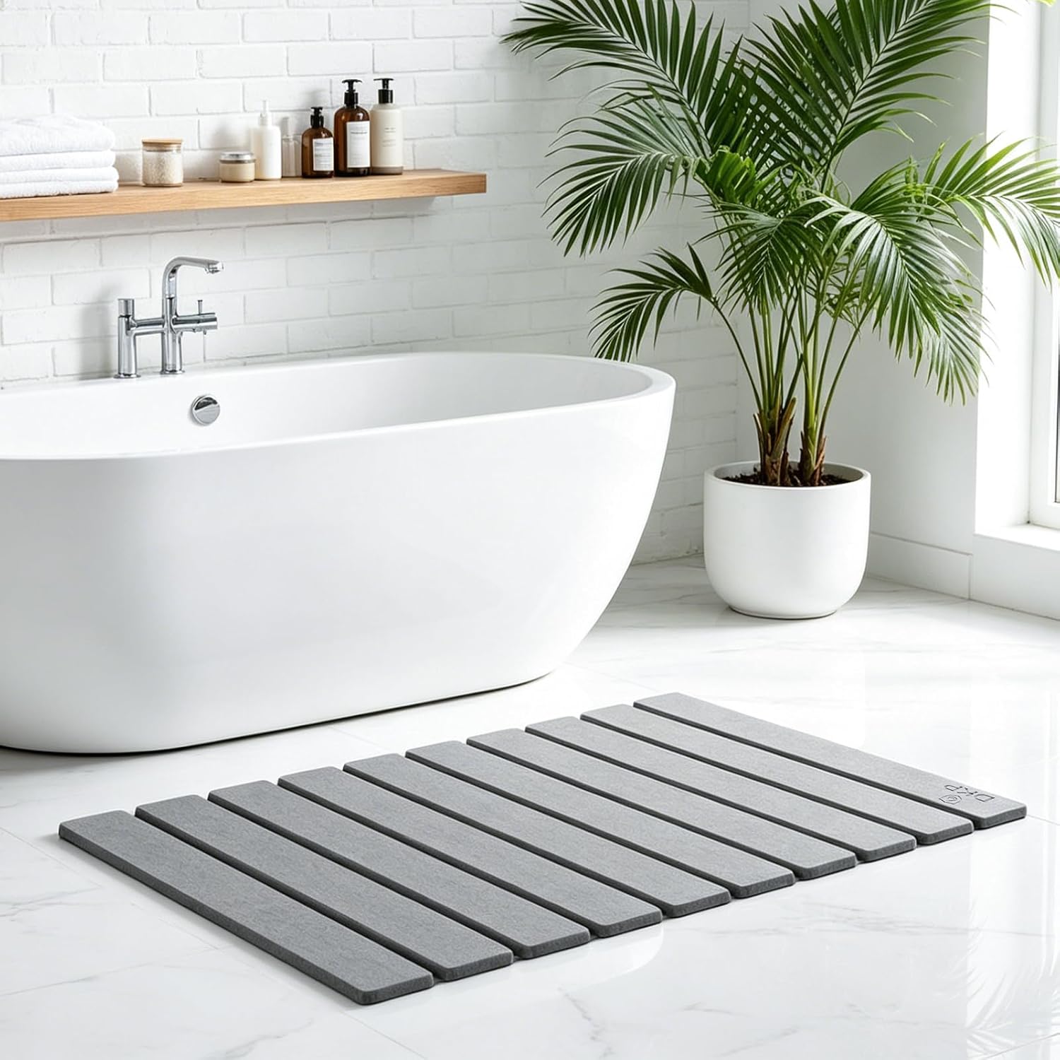 Foldable Stone Bath Mat 23.6” x 15.3” – Diatomaceous Earth Shower Mat, Super Absorbent Quick Drying, Non-Slip Diatomite Bathroom Mat for Floor, Dish Drying Mat for Kitchen, Light Grey
