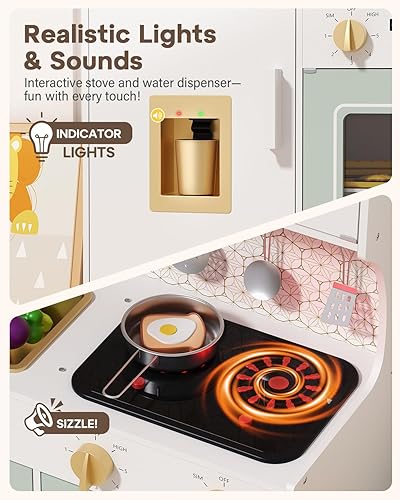 Miniatura 3 de Babytronic Juego de cocina de madera para niños, cocina de juego de simulación rosa con luces y sonidos, juguete de cocina de estilo retro para