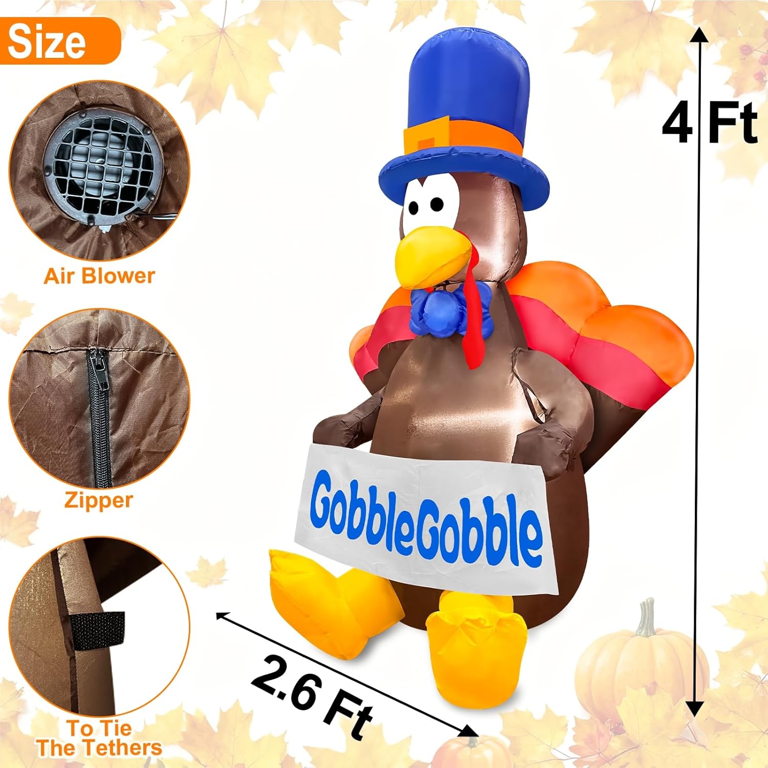 TURNMEON 4 Ft Thanksgiving Inflatables Turkey Outdoor Decorations Blow Up Turkey Holds GobbleGobble Banner Built-in LEDs Fall Thanksgiving Decorations for Home Outside Yard Lawn Garden Holiday Party