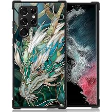 CARLOCA Compatible with Samsung Galaxy S22 Ultra Case Design for Girl Shockproof Anti-Scratch Hard PC Back Case Esthetics Fashion Pattern Teal Stained Glass White Dragon