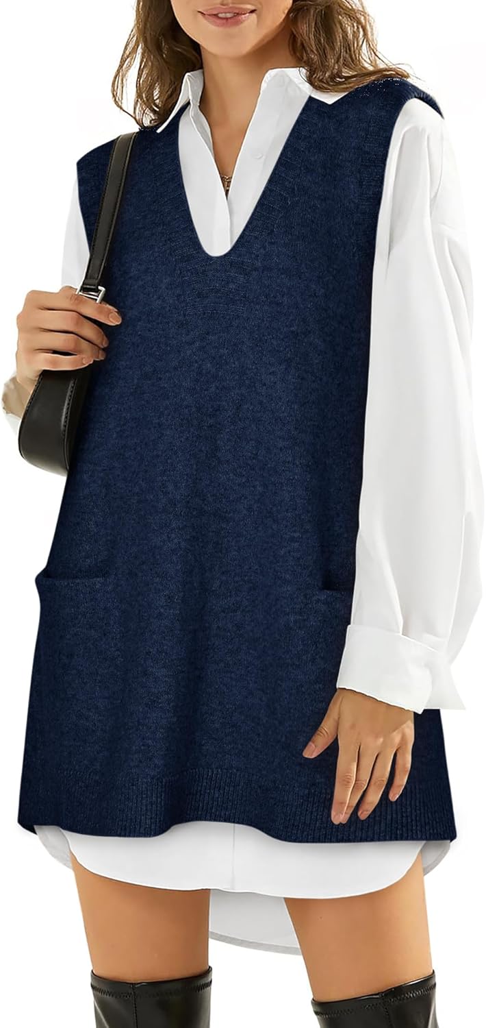 Sweater Vest Women Sleeveless V Neck Oversized Knit Tops Tunic Dress with Pockets Fashion 2026 Spring Clothes - Image 4