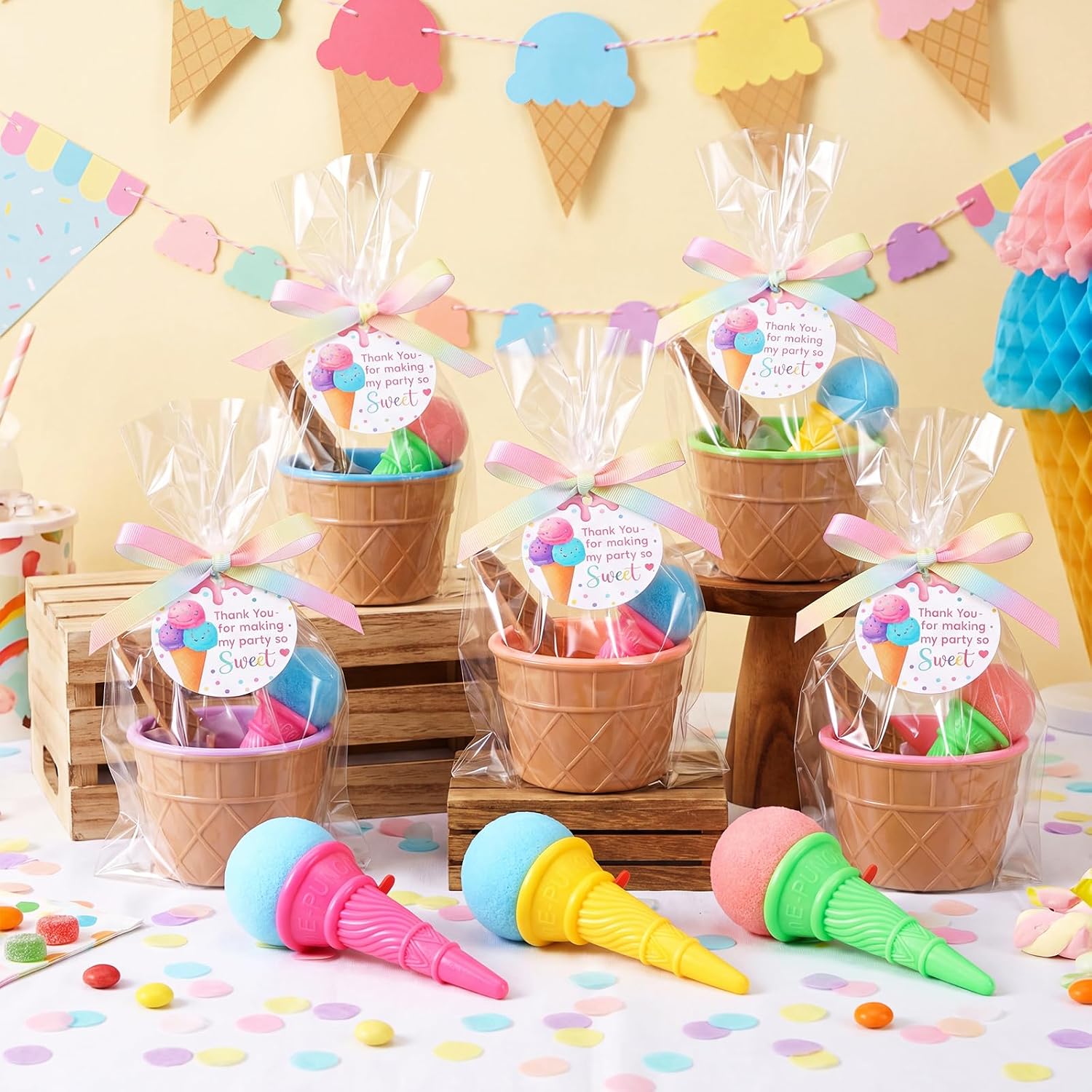 15 Sets 71 Pcs Ice Cream Party Favors Include Ice Cream Bowls with Spoons Shooters Cards Ribbon Gift Bags for End of Year Student Gifts Sundae Yogurt Summer Holiday Party Favors