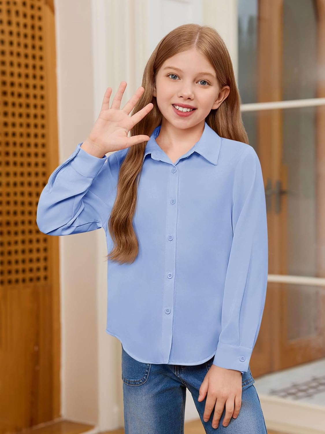 Haloumoning Girls Button Down Shirts Kids Long Sleeve Dress Shirts School Uniform Blouse 5-14 Years - Image 2