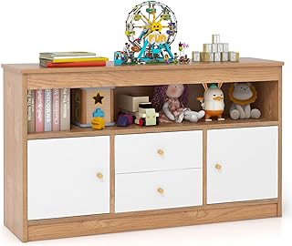GYMAX Kids Storage Cabinet, Wooden Children Bookcase with Open Shelf, 2 Drawers & 2 Door Cabinets, Toy Storage Organizer for Playroom Bedroom Nursery (Natural+White)