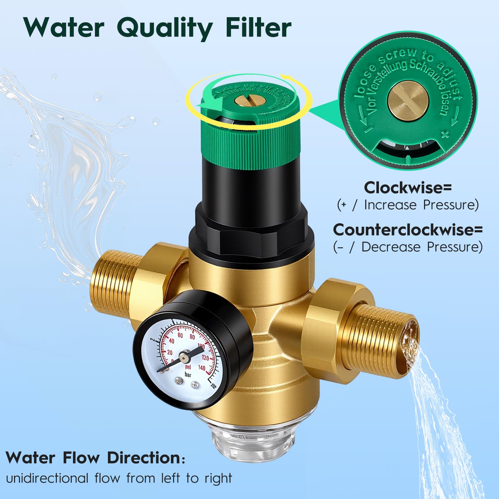 Druckminderer Wasser 3/4 Zoll Mit Manometer – Messing, Selbstreinigender Siebfilter 40 µm, Ausgangsdruck 1,5–6 Bar