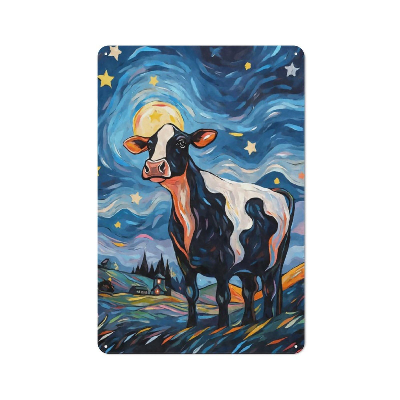 Junmoney Style-24 Cow Starry Night Rustic Metal Sign 30X20cm For Garden Room Or Summerhouse, For Summerhouse Decorators
