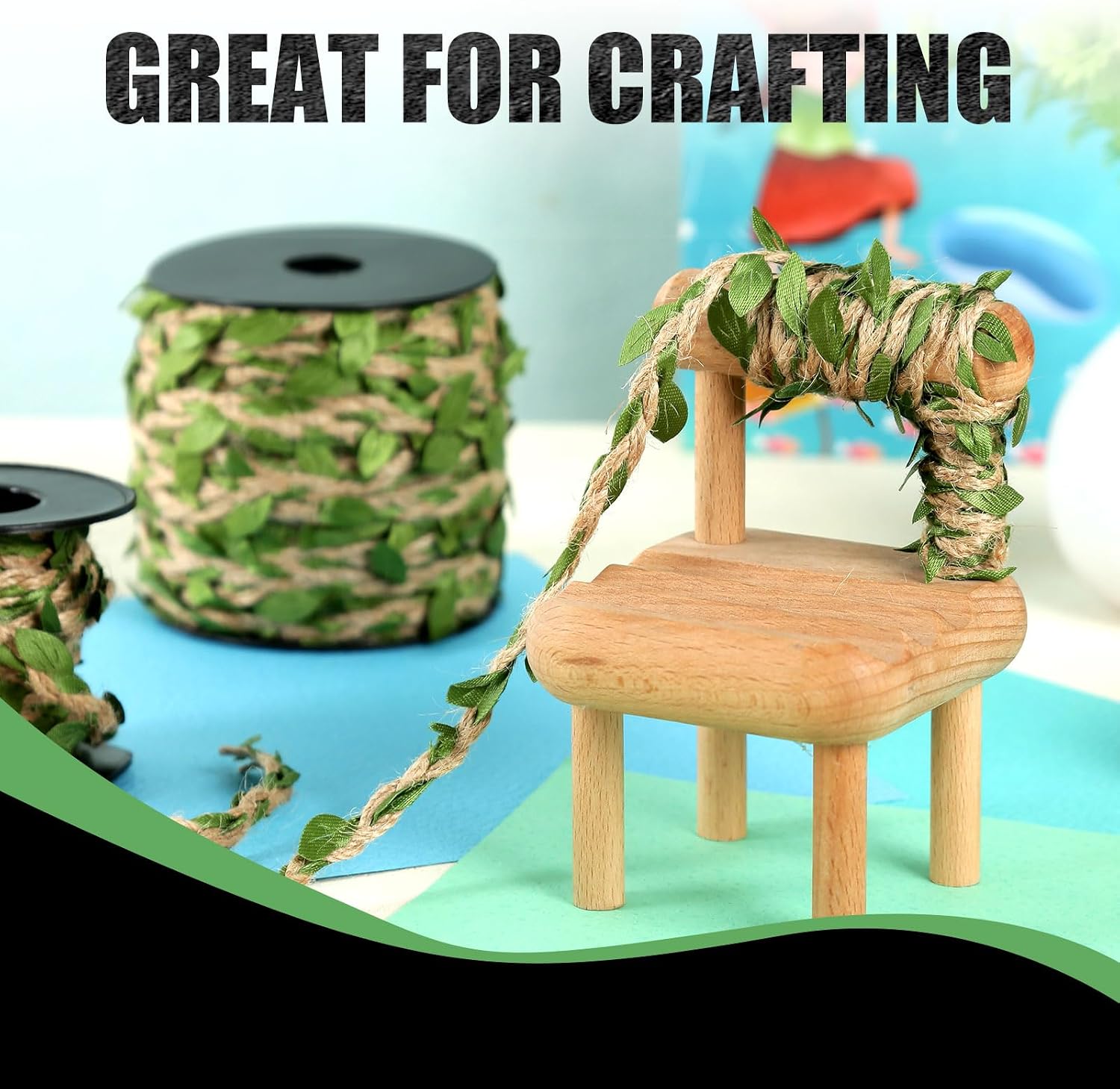 Natural Jute Twine with Green Leaf - 100 Feet (30 Meters) | Decorative Garden String for Gift Wrapping, Crafts, Wedding Decor