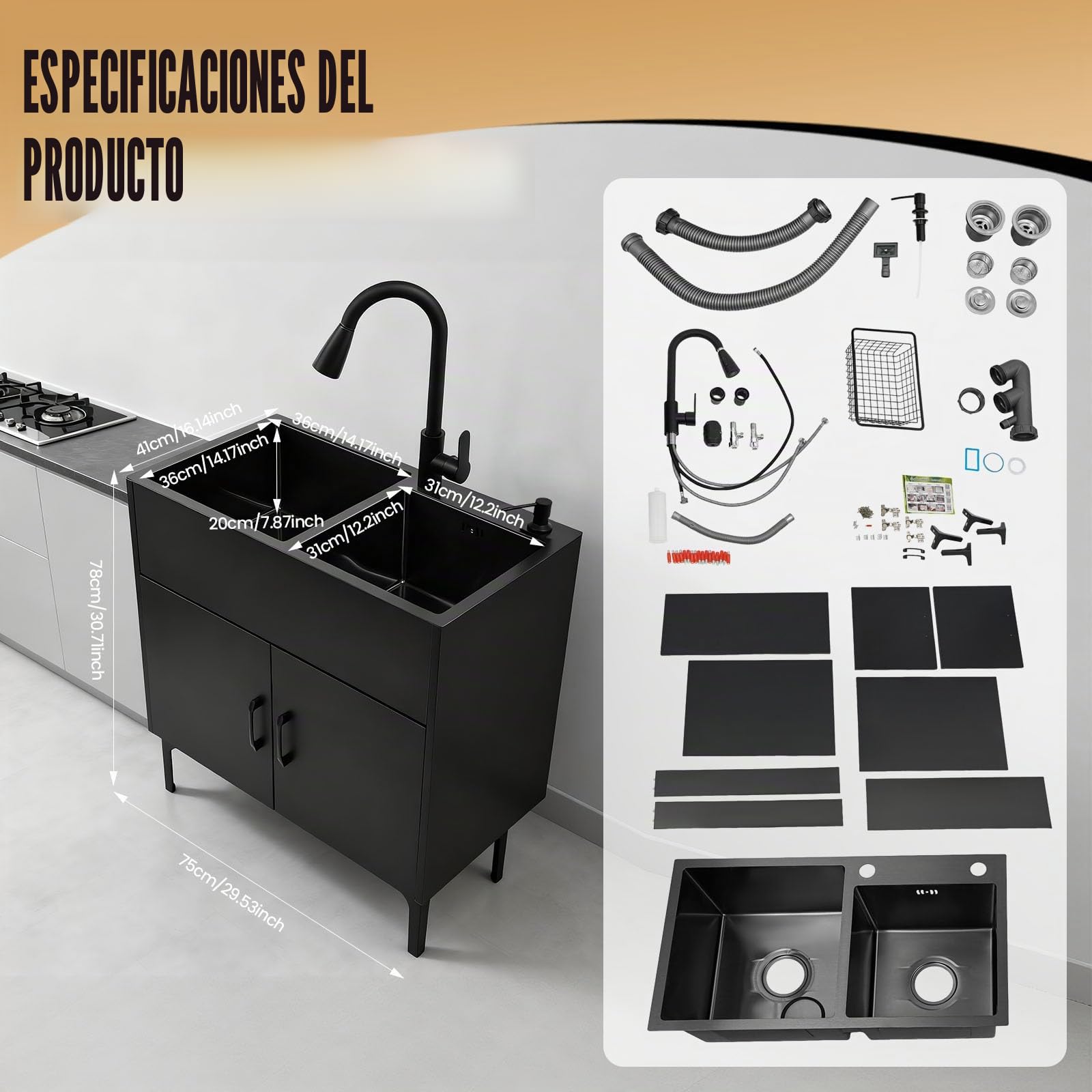 Fregadero de cocina independiente con armario y grifo extensible, 75 x 41 x 78 cm, acero inoxidable, comercial, fregadero doble con cesta de drenaje y unidad de desagüe para cocina, lavandería/negro