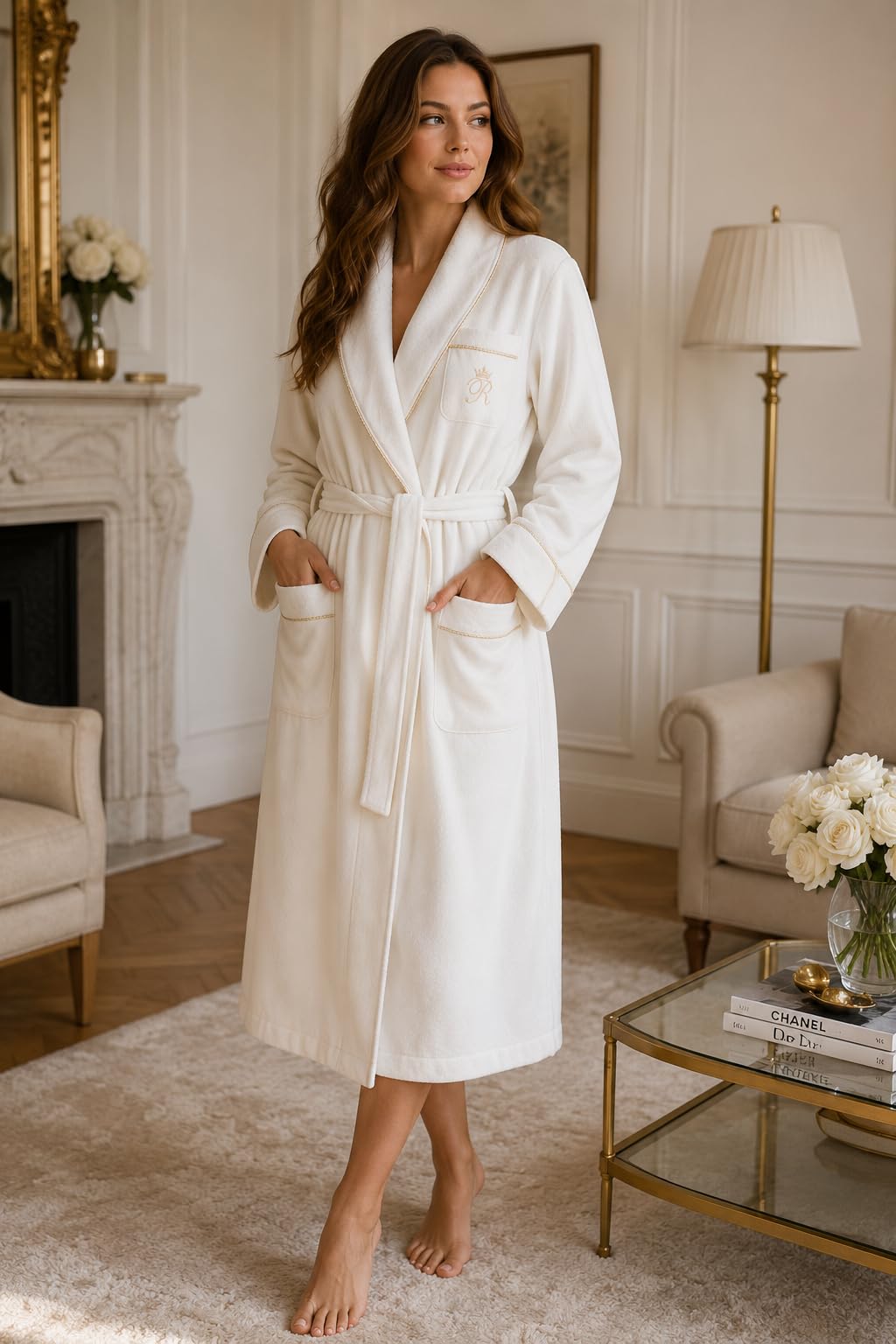 RE-650 Damen Morgenmantel, Hausmantel, Bademantel aus 80% Viskose, kuschelig weich und warm, elegant, Ecru