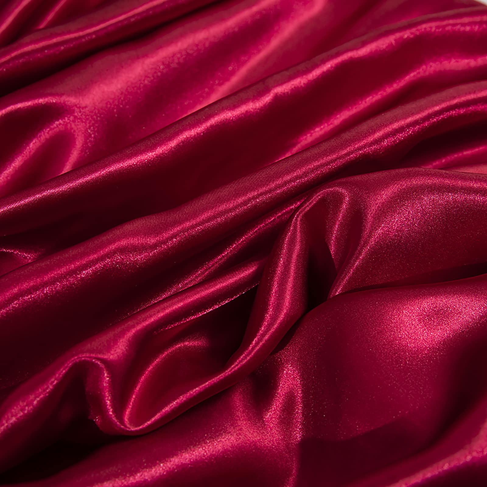 Jemiipee Juego de Sabanas de Cama Raso Color Sólido, 1 x Sábana Bajera Ajustable 180x200 cm con 35 Bolsillo Profundo, 1 x Encimera y 2 x Fundas de Almohada, Rojo Burdeos