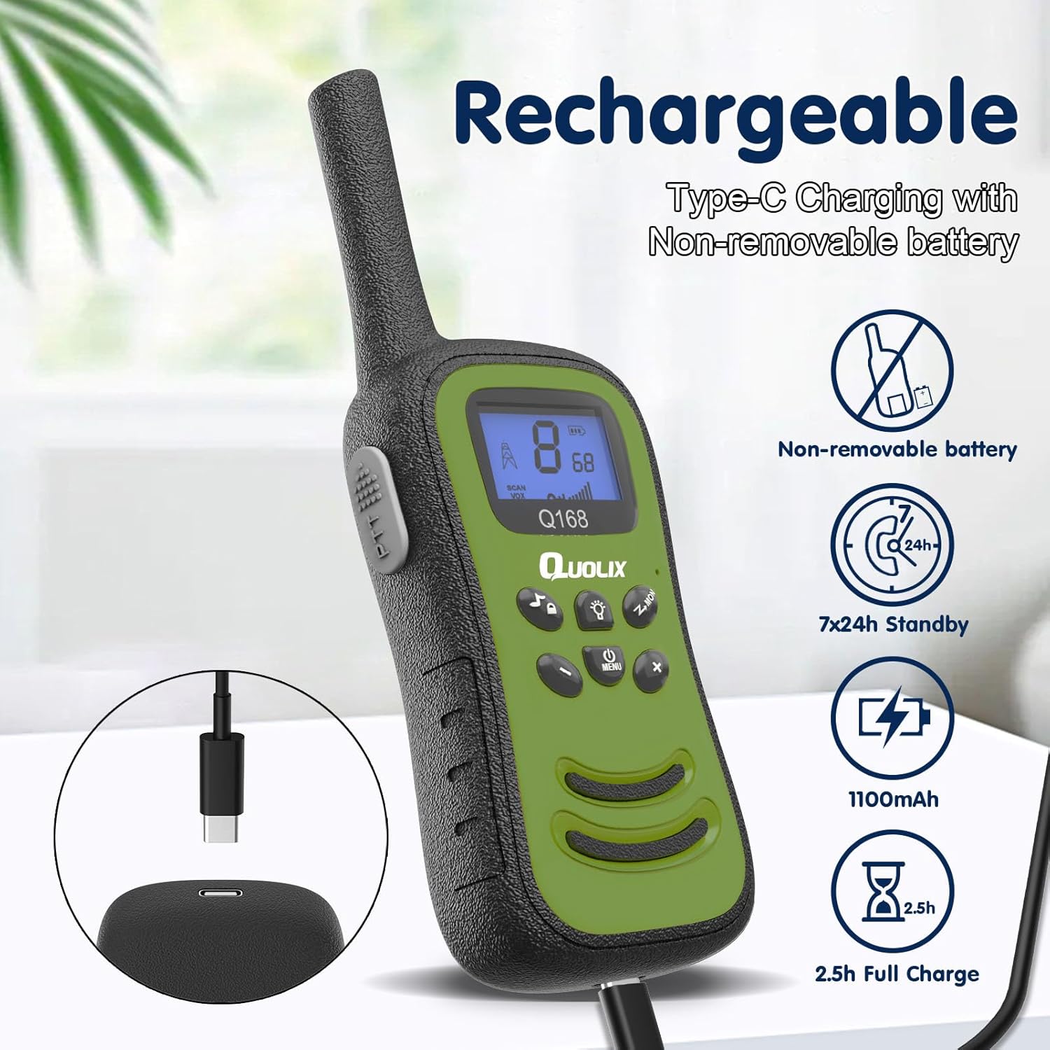A green QUOLIX walkie talkie connected to a USB-C charging cable, with icons indicating non-removable battery, 7x24h standby, 1100mAh battery, and 2.5h full charge time.