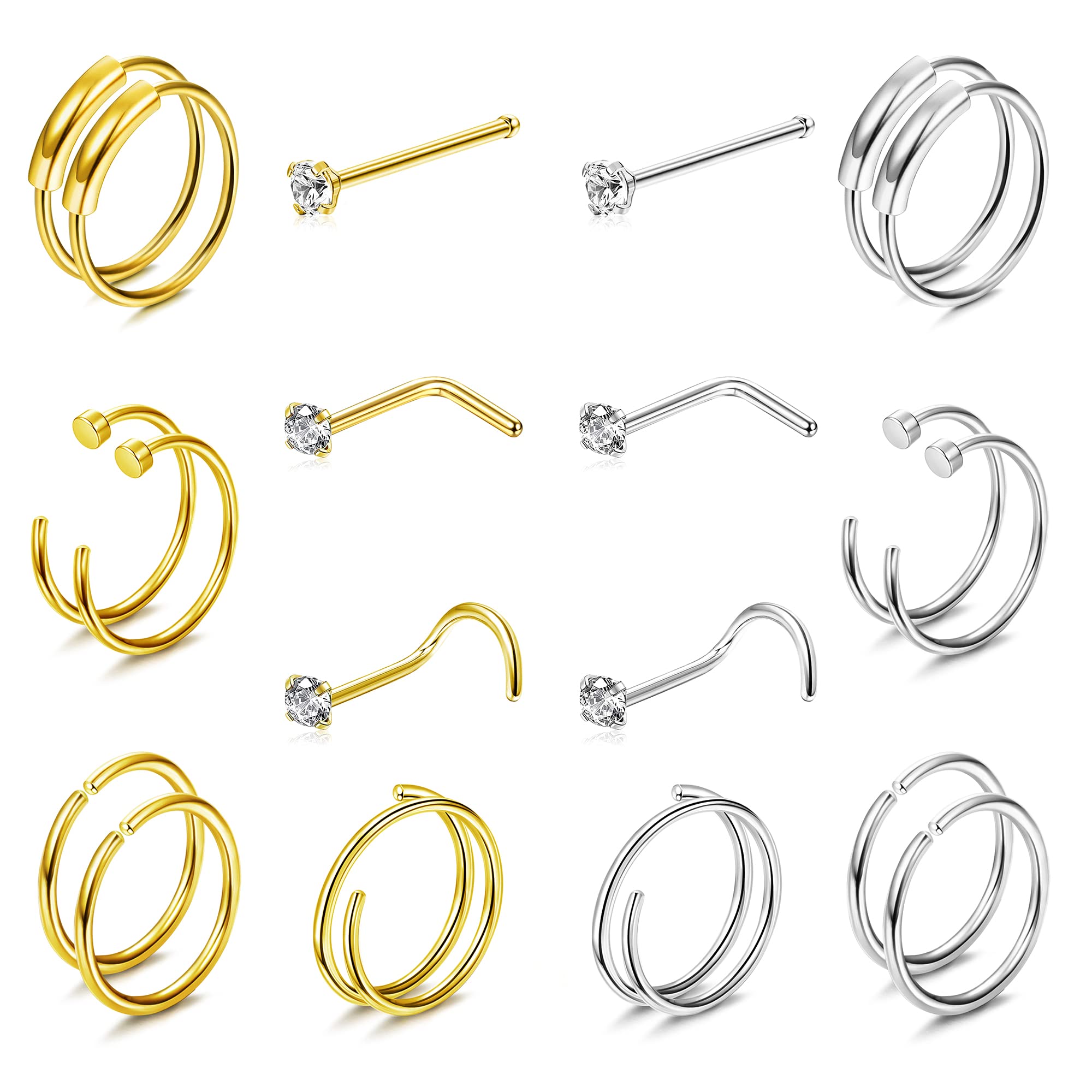 Subiceto20Pcs 22G 20G 18G Surgical Steel Nose Rings Hoop Studs Double Hoop Ring Cartilage Earrings Body Piercing Jewelry 1.5mm 2mm 2.5mm CZ