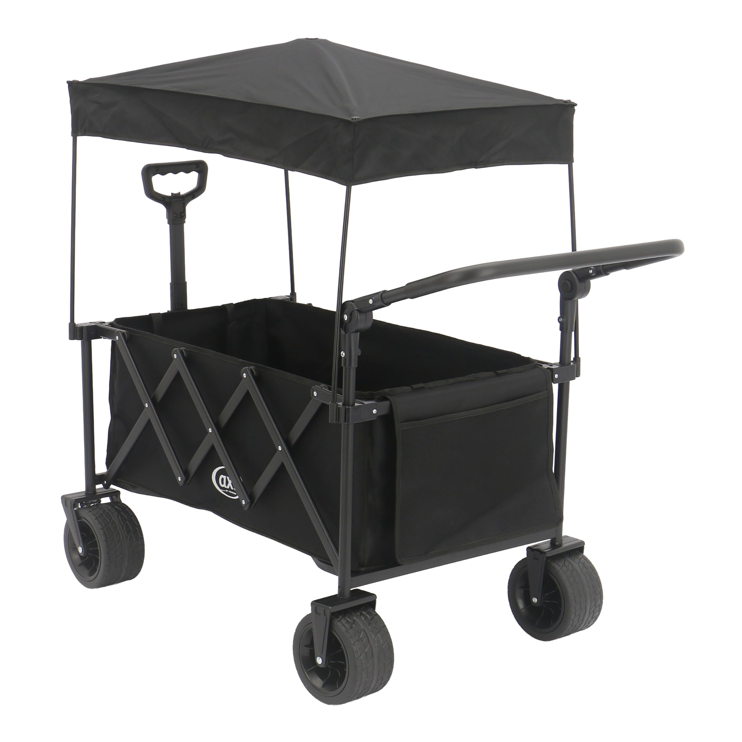 AXI SB221 Faltbarer Bollerwagen mit Dach in Schwarz | Handwagen Klappbar/Faltbar mit Zug- & Schiebestange, Gurt, Hülle, & Getränkehalter - PP Gummireifen | Kapazität: 130 l