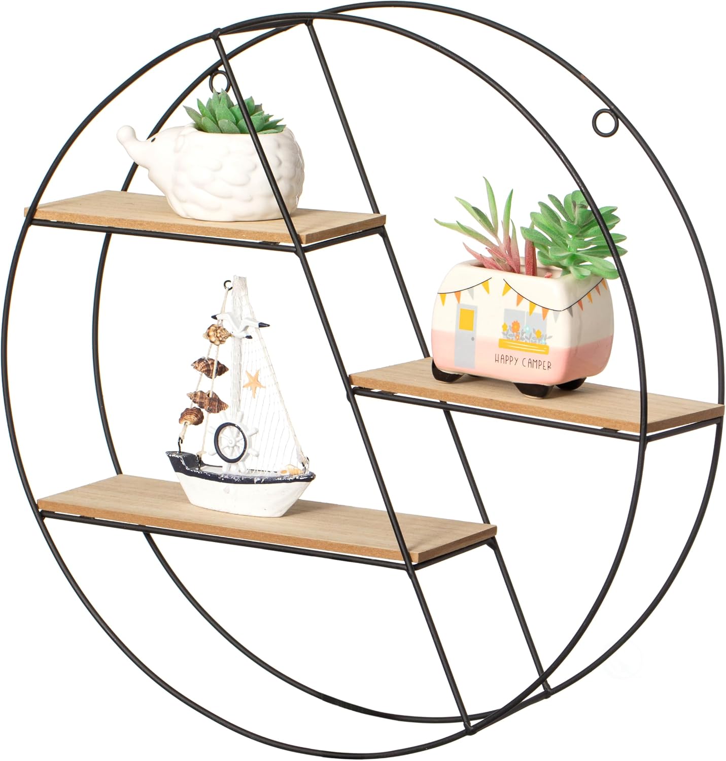 Vintiquewise Elegant 3-Tier Decorative Floating Circular Silhouette Wall Shelf - Circular Metal and Wood Wall-Mounted Shelf for Entryway, Bathroom, Bedroom, and Living Room Decor, Black Finish
