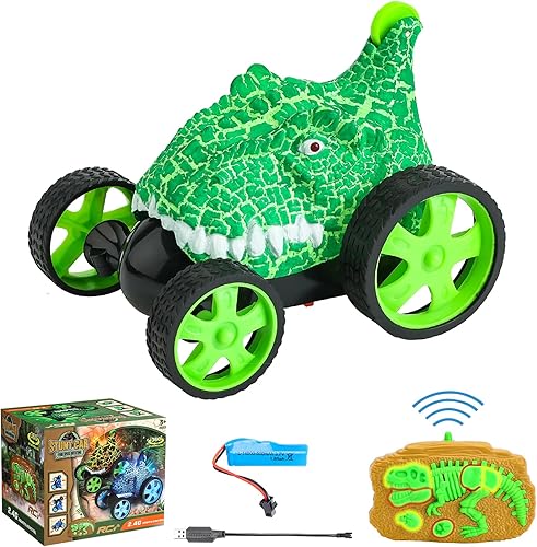 LELETAM Autos de control remoto para niños, auto de acrobacias a control remoto con luz LED, juguetes de dinosaurio recargables, vehículos RC para