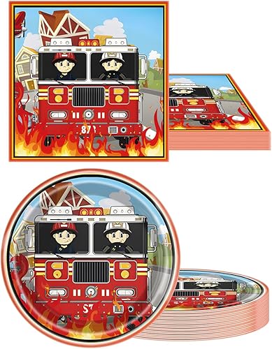 Miniatura 5 de Vajilla de fiesta de camión de bomberos, 20 platos y 20 servilletas y manteles de 71 x 42 pulgadas, suministros desechables para fiesta de