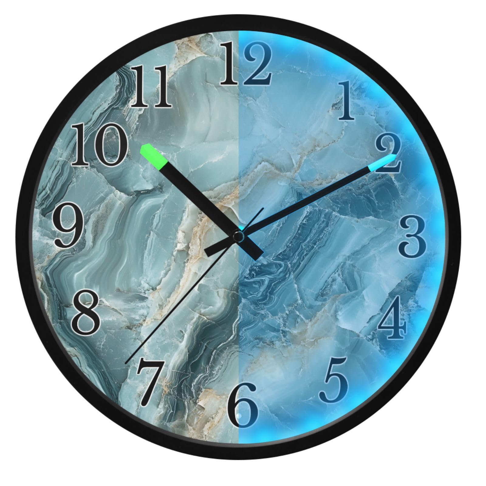Horloge murale silencieuse phosphorescente à effet marbre vert et doré