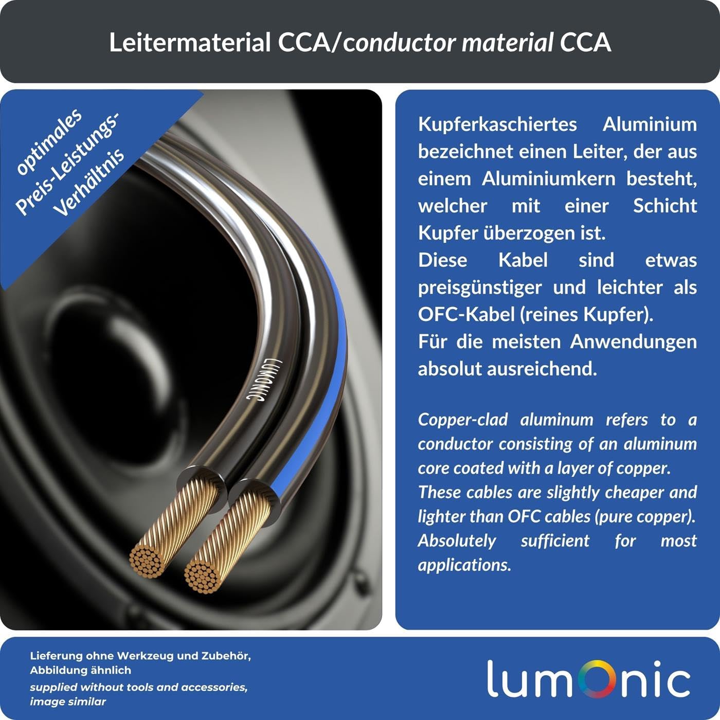 Lumonic Cables de altavoz | 25m Negro | 2x 4mm² CCA | Marcado azul Cable de altavoz HiFi | Línea doble de audio