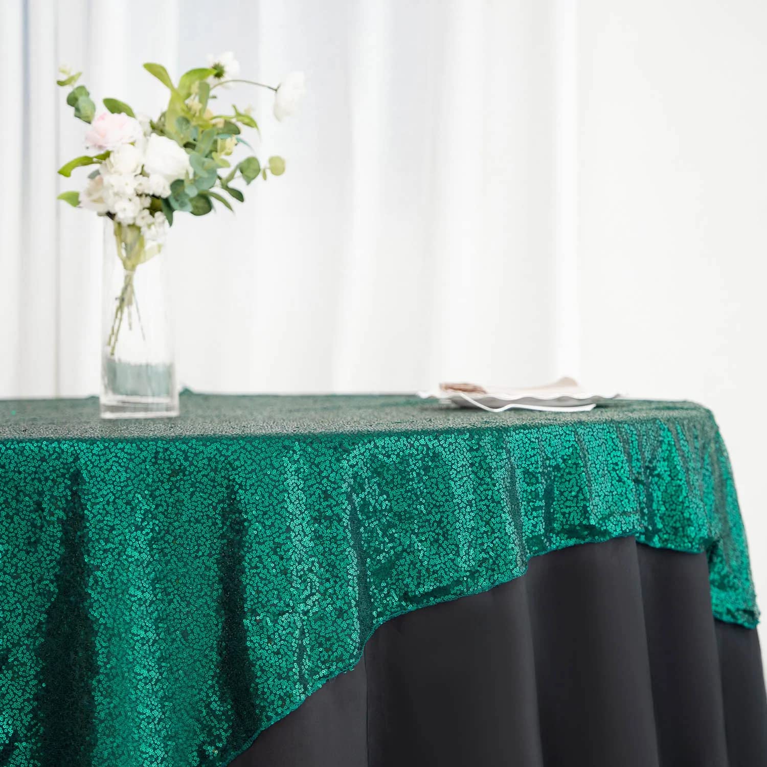 WedDecor Tovaglia Sovrapposta con Paillettes, 127x203cm Rettangolo Tessuto di Lino Paillettes Matrimonio Tavolo da Pranzo di Natale Decorazione per Feste all'aperto Verde Smeraldo 5PCS